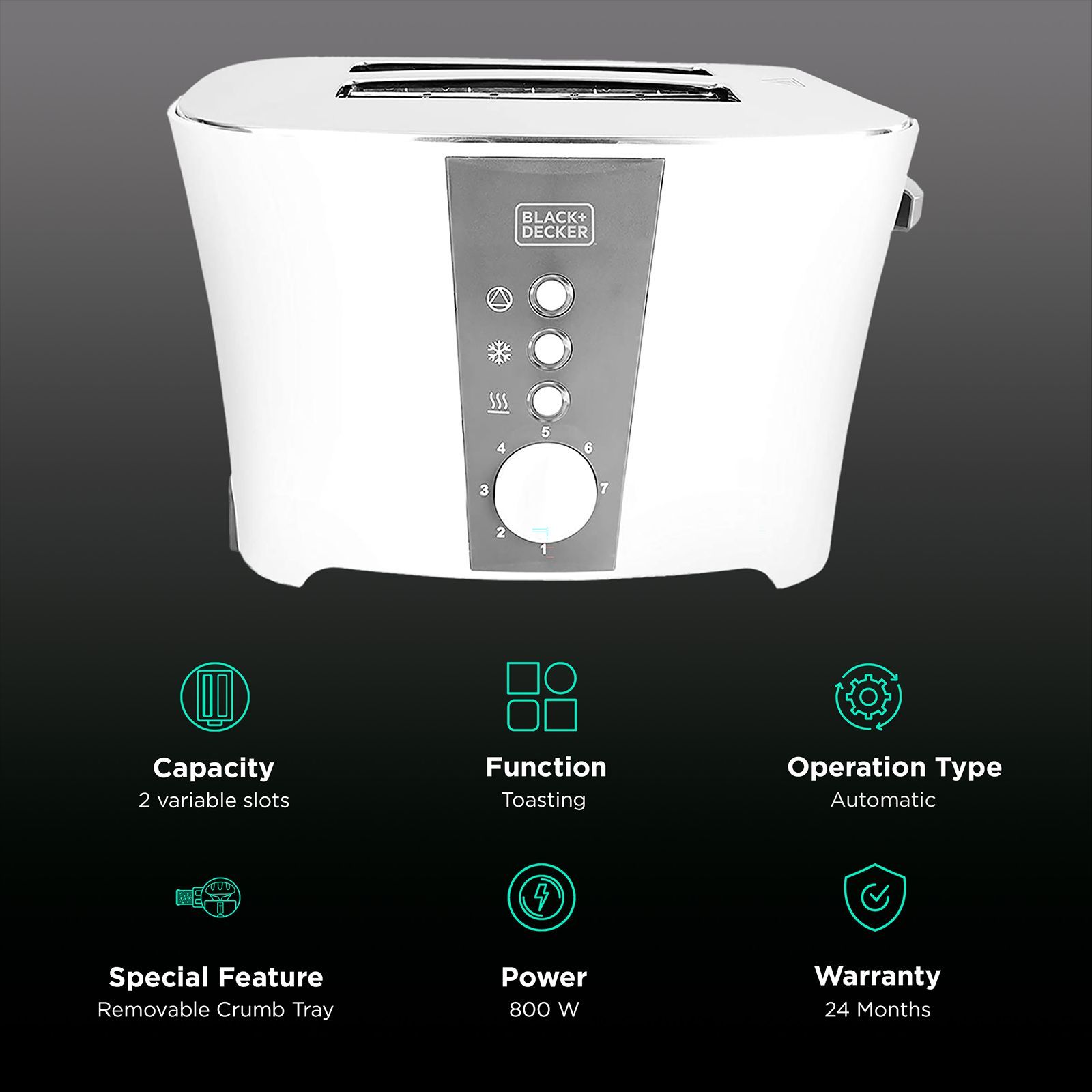 BLACK+DECKER ET122 800W 2 Slice Pop-Up Toaster with Removable Crumb Tray (White) BLACK+DECKER ET122 800W 2 Slice Pop-Up Toaster with Removable Crumb Tray (White)_3