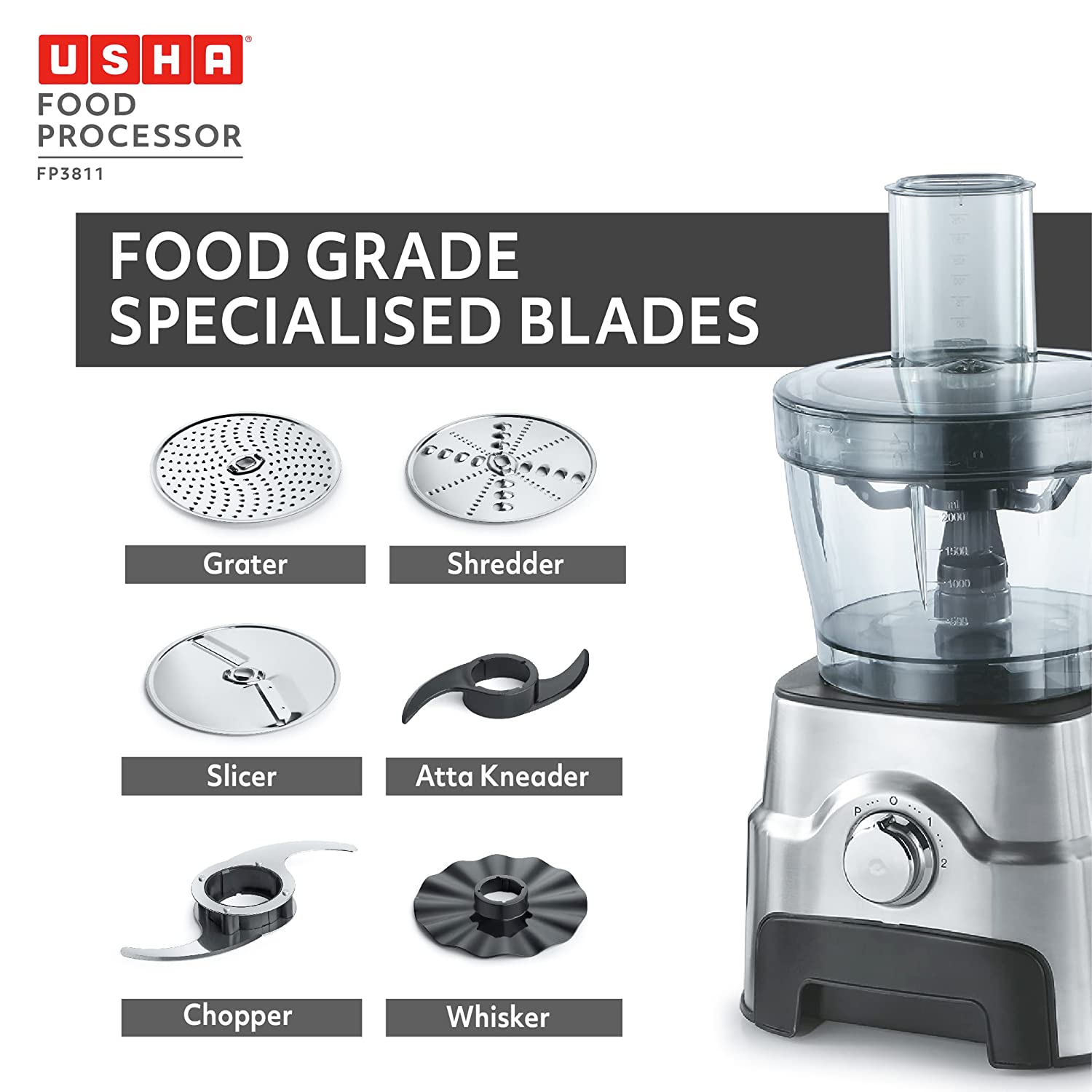 USHA FP 3811 1000 Watt Food Processor with 6 Blades (Black & Silver) USHA FP 3811 1000 Watt Food Processor with 6 Blades (Black & Silver)_19