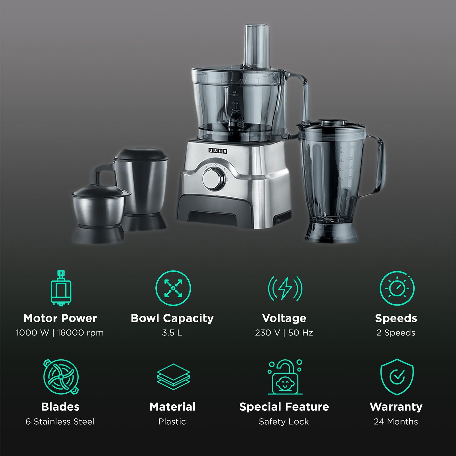 USHA FP 3811 1000 Watt Food Processor with 6 Blades (Black & Silver) USHA FP 3811 1000 Watt Food Processor with 6 Blades (Black & Silver)_2