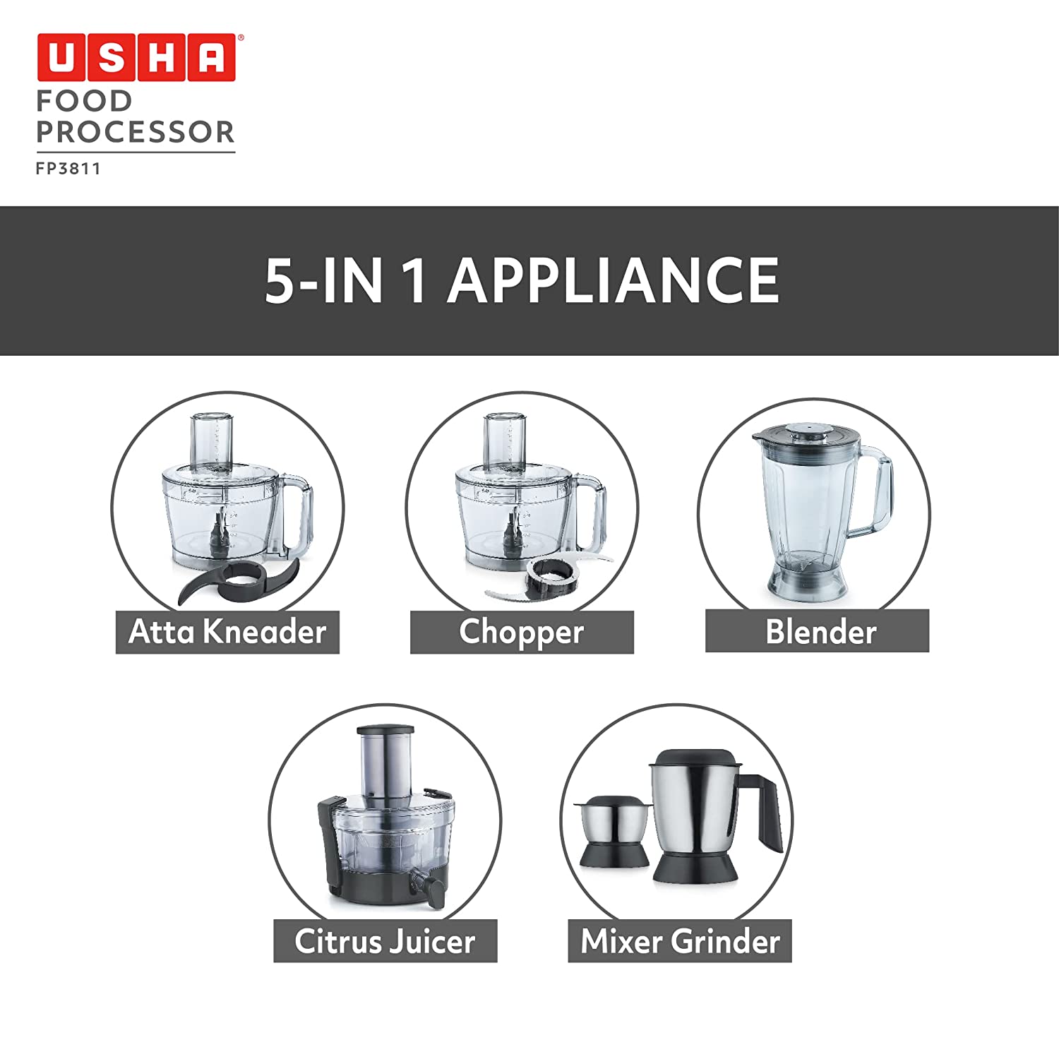 USHA FP 3811 1000 Watt Food Processor with 6 Blades (Black & Silver) USHA FP 3811 1000 Watt Food Processor with 6 Blades (Black & Silver)_20