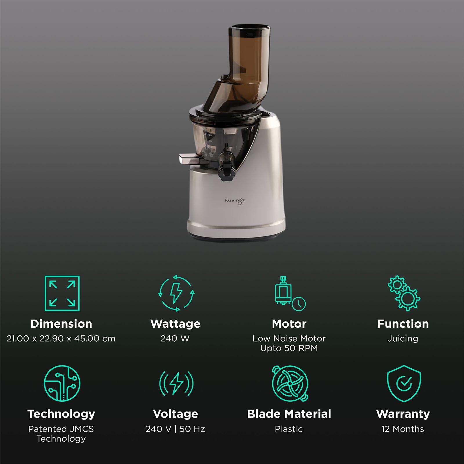 Kuvings B1700 240 Watt 1 Jar Cold Press Slow Juicer (50 RPM, 3-in-1 Multi Function, Dark Silver)_2