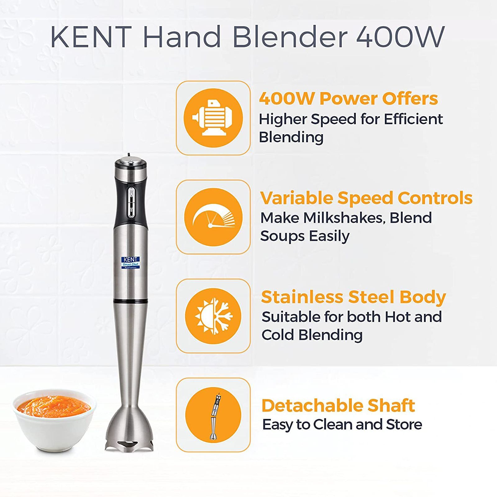 KENT 400 Watt 3 Speed Hand Blender (Low Noise Operation, Silver)_6