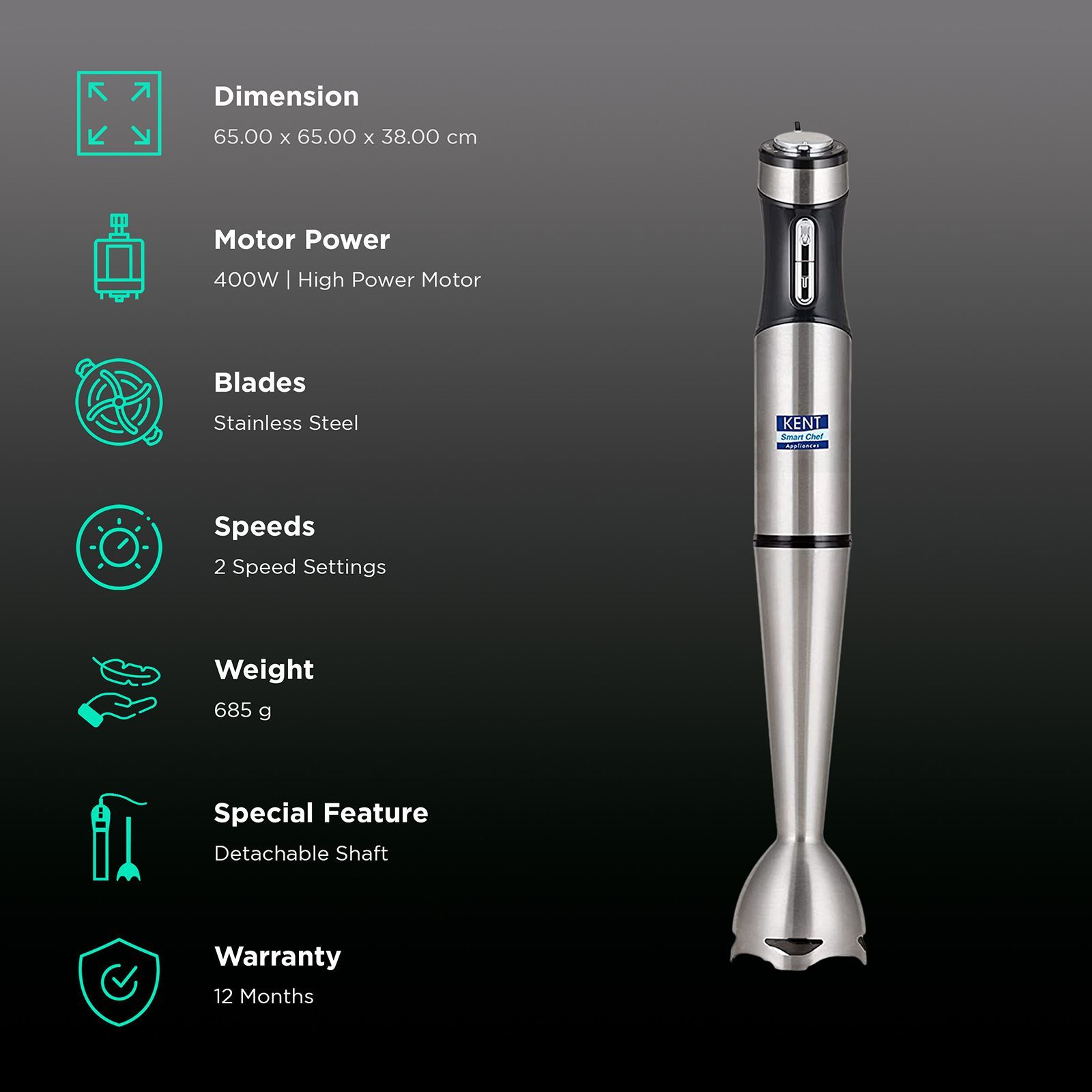 KENT 400 Watt 3 Speed Hand Blender (Low Noise Operation, Silver)_2