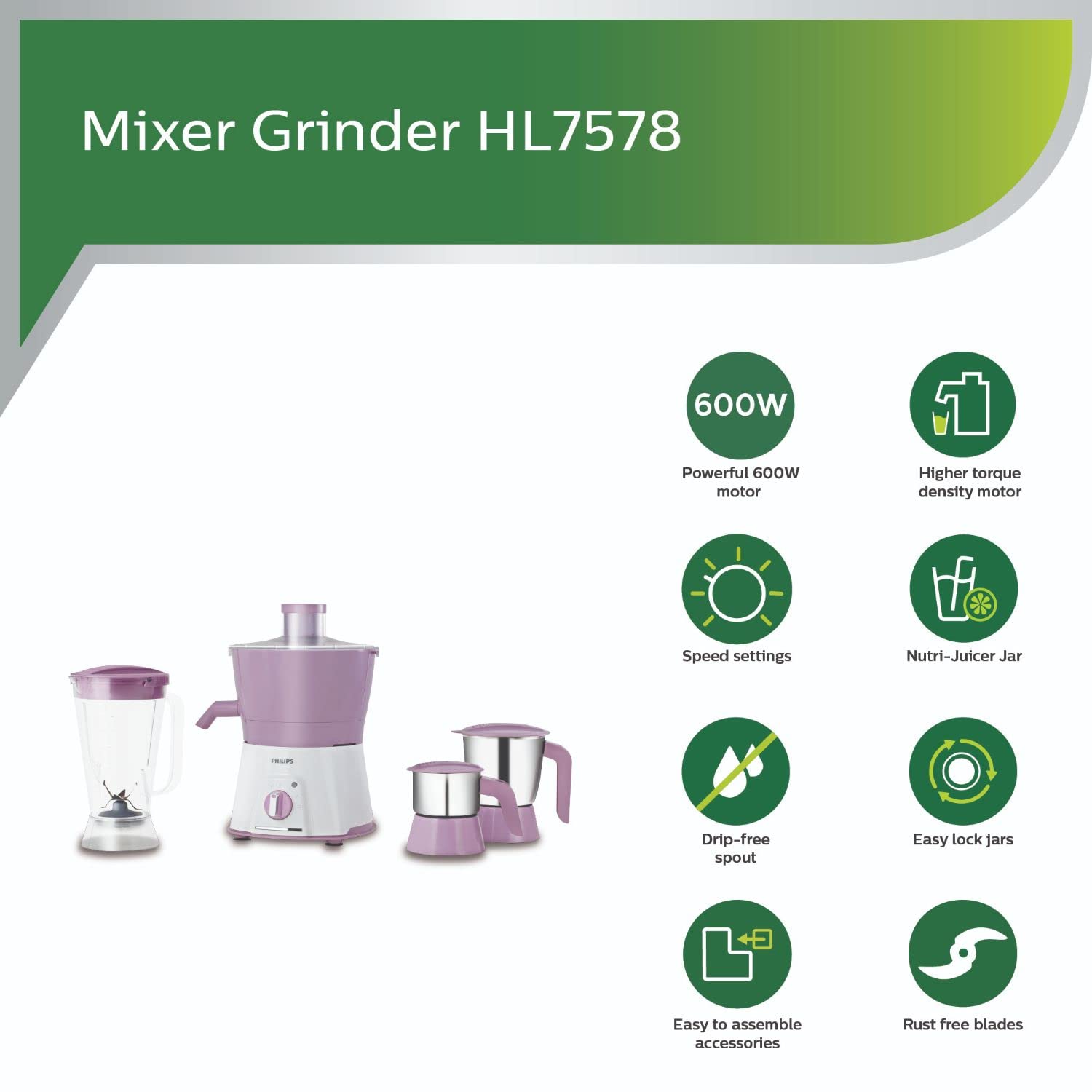 Philips Viva Collection 600 Watt 3 Jars Juicer Mixer Grinder (20000 RPM, Overload Protection, White & Lilac)_13