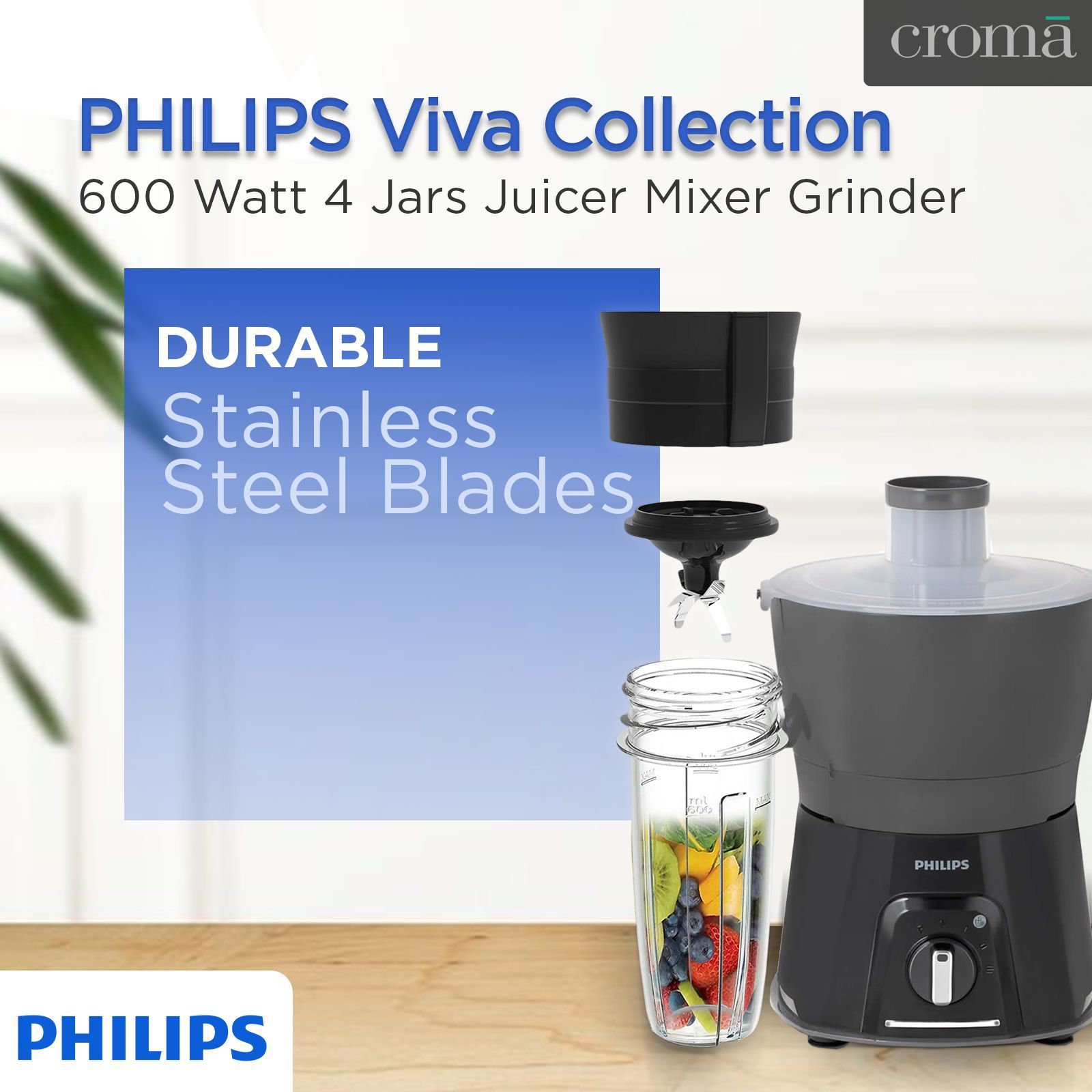 PHILIPS Viva Collection 600 Watt 4 Jars Juicer Mixer Grinder (20000 RPM, Overload Protection, Carbon Black & Cashmere Grey)_20