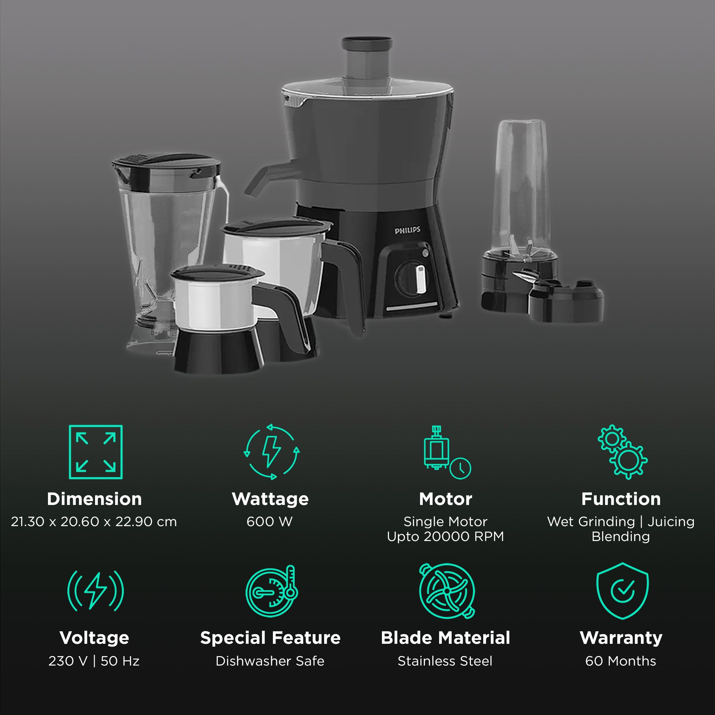 PHILIPS Viva Collection 600 Watt 4 Jars Juicer Mixer Grinder (20000 RPM, Overload Protection, Carbon Black & Cashmere Grey)_2