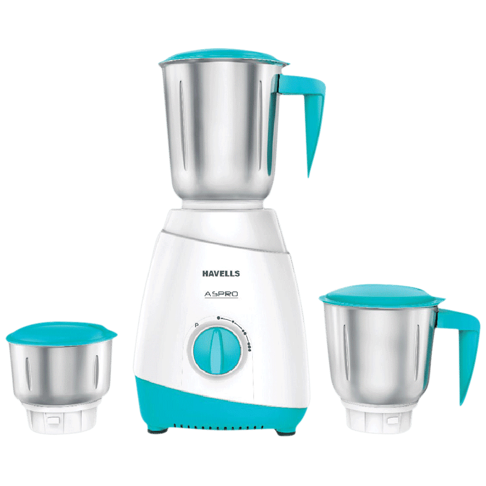 HAVELLS Aspro 500 Watt 3 Jars Mixer Grinder (21000 RPM, Motor Cooling Technology, White/Light Blue)_1