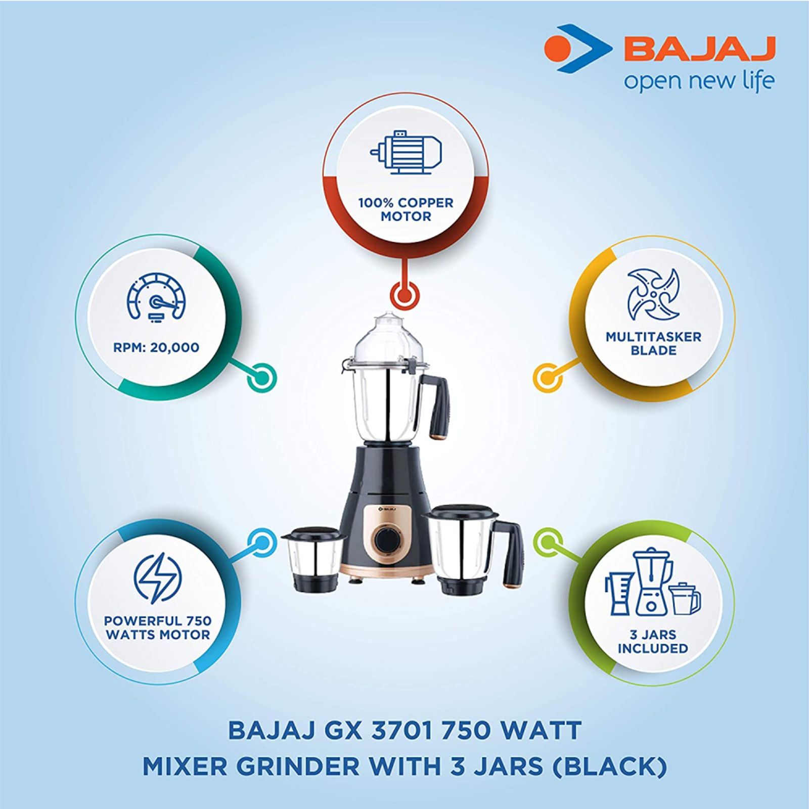 BAJAJ GX 3701 750 Watt 3 Jars Mixer Grinder (18000 RPM, Nutri Pro Feature, Black) BAJAJ GX 3701 750 Watt 3 Jars Mixer Grinder (18000 RPM, Nutri Pro Feature, Black)_16