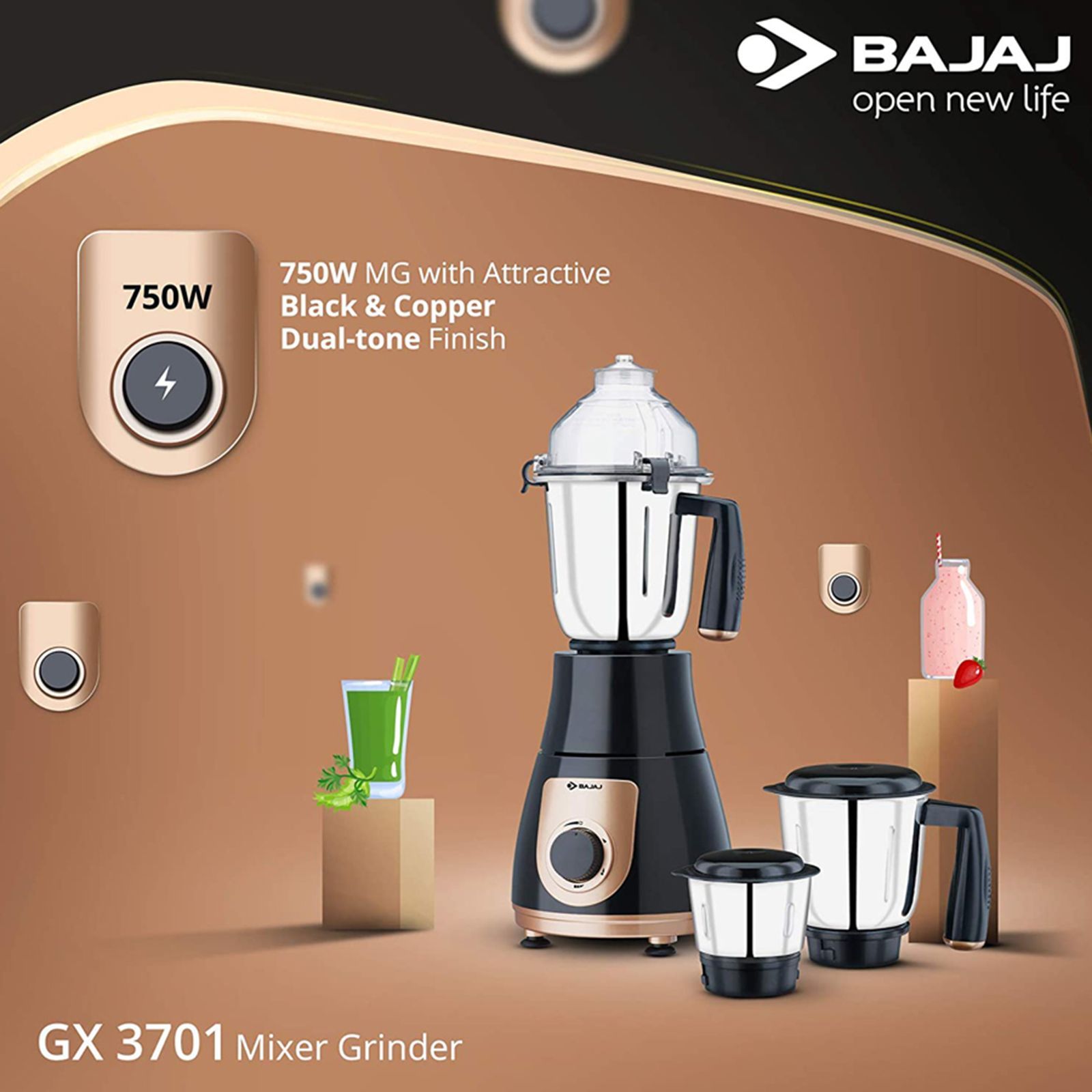 BAJAJ GX 3701 750 Watt 3 Jars Mixer Grinder (18000 RPM, Nutri Pro Feature, Black) BAJAJ GX 3701 750 Watt 3 Jars Mixer Grinder (18000 RPM, Nutri Pro Feature, Black)_17