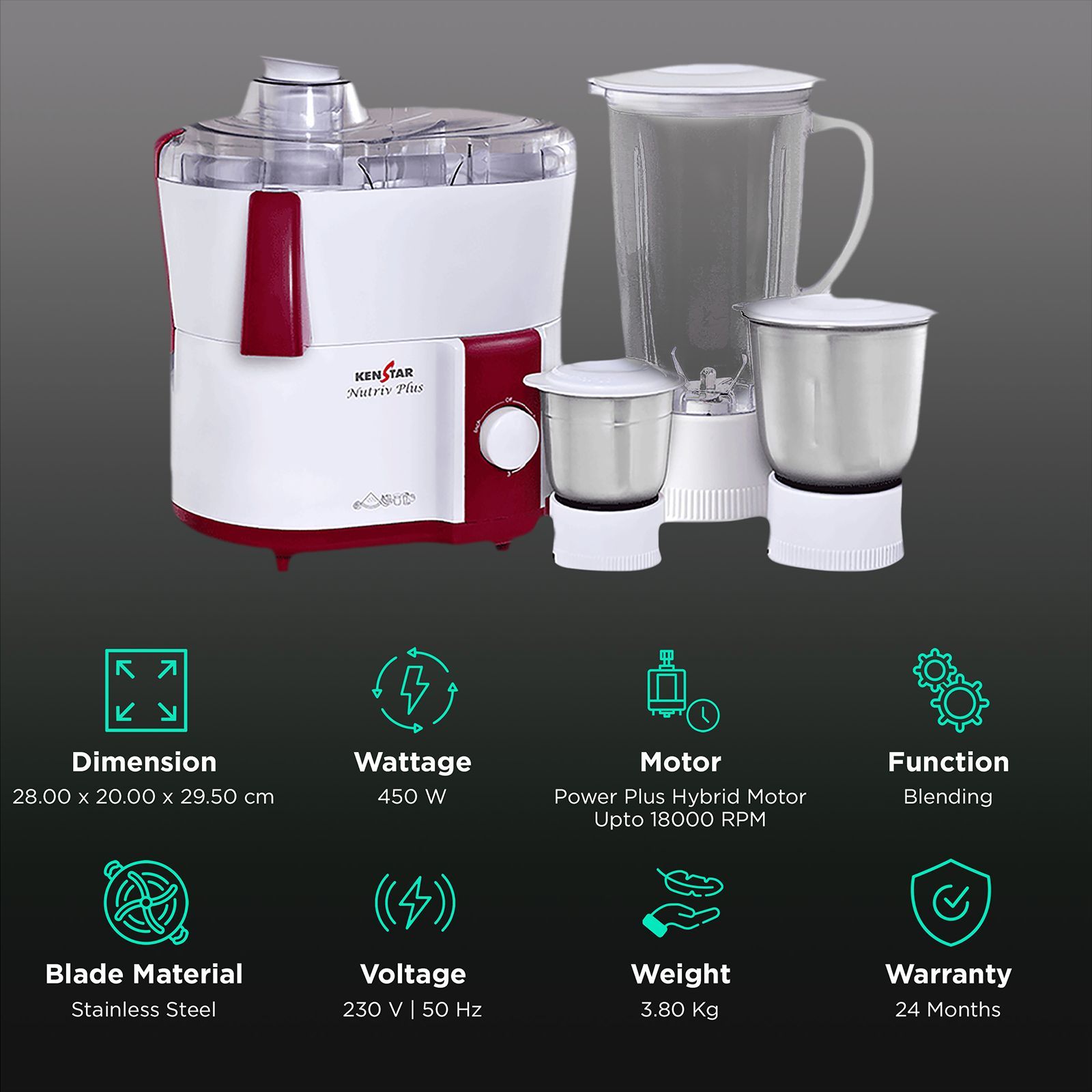 KENSTAR Nutriv Plus 450 Watt 3 Jars Juicer Mixer Grinder (18000 RPM, Hybrid Motor, White/Maroon)_2