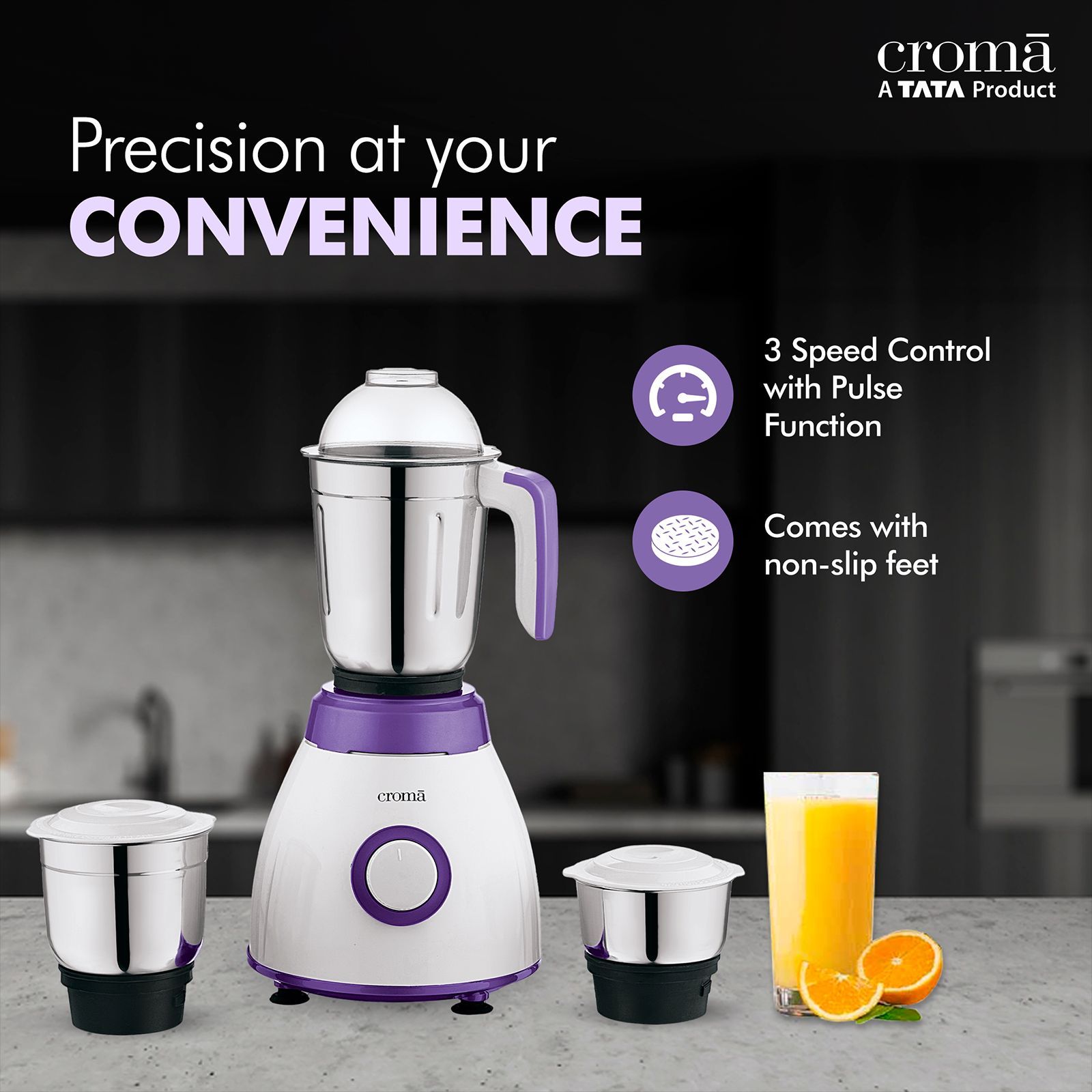 Croma 500 Watt 3 Jars Mixer Grinder (Rust Resistant, White/Purple)_20