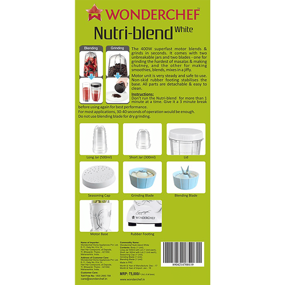 WONDERCHEF Nutri-Blend 400 Watt 2 Jars Mixer Grinder Blender (22000 RPM, All-In-One System, White) WONDERCHEF Nutri-Blend 400 Watt 2 Jars Mixer Grinder Blender (22000 RPM, All-In-One System, White)_12