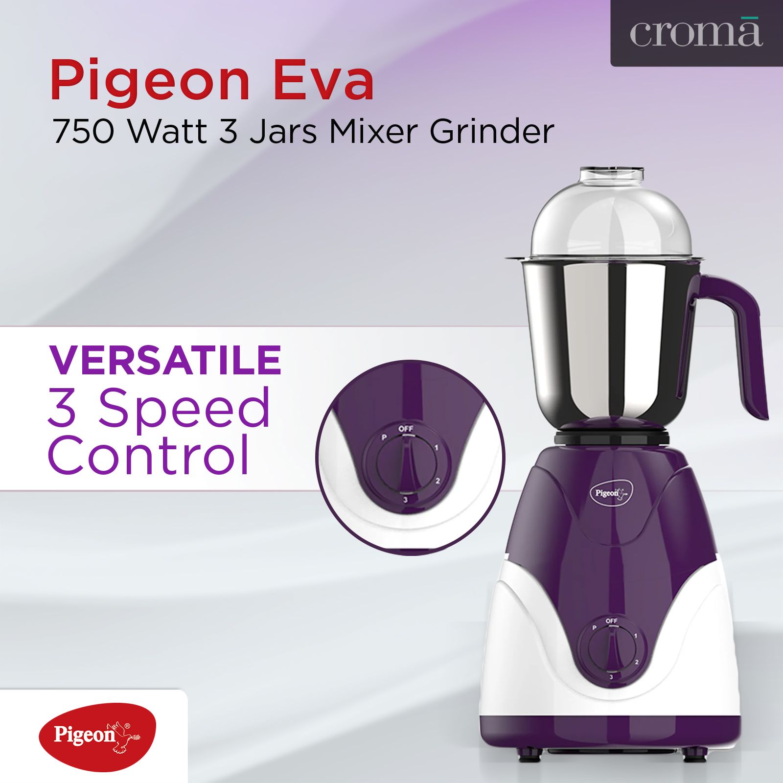 Pigeon Eva 750 Watt 3 Jars Mixer Grinder (Shock Proof Body, Purple)_9