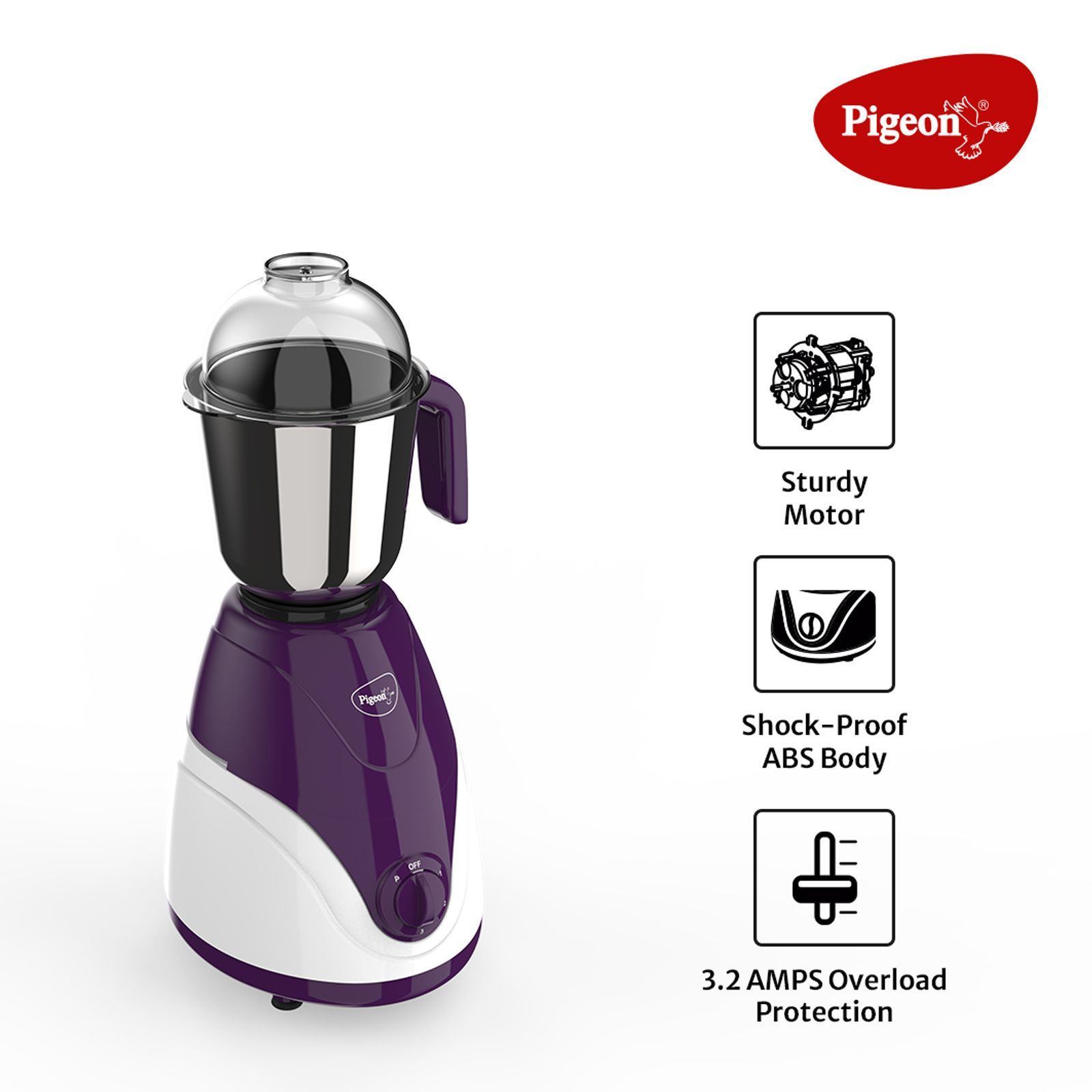 Pigeon Eva 750 Watt 3 Jars Mixer Grinder (Shock Proof Body, Purple)_2