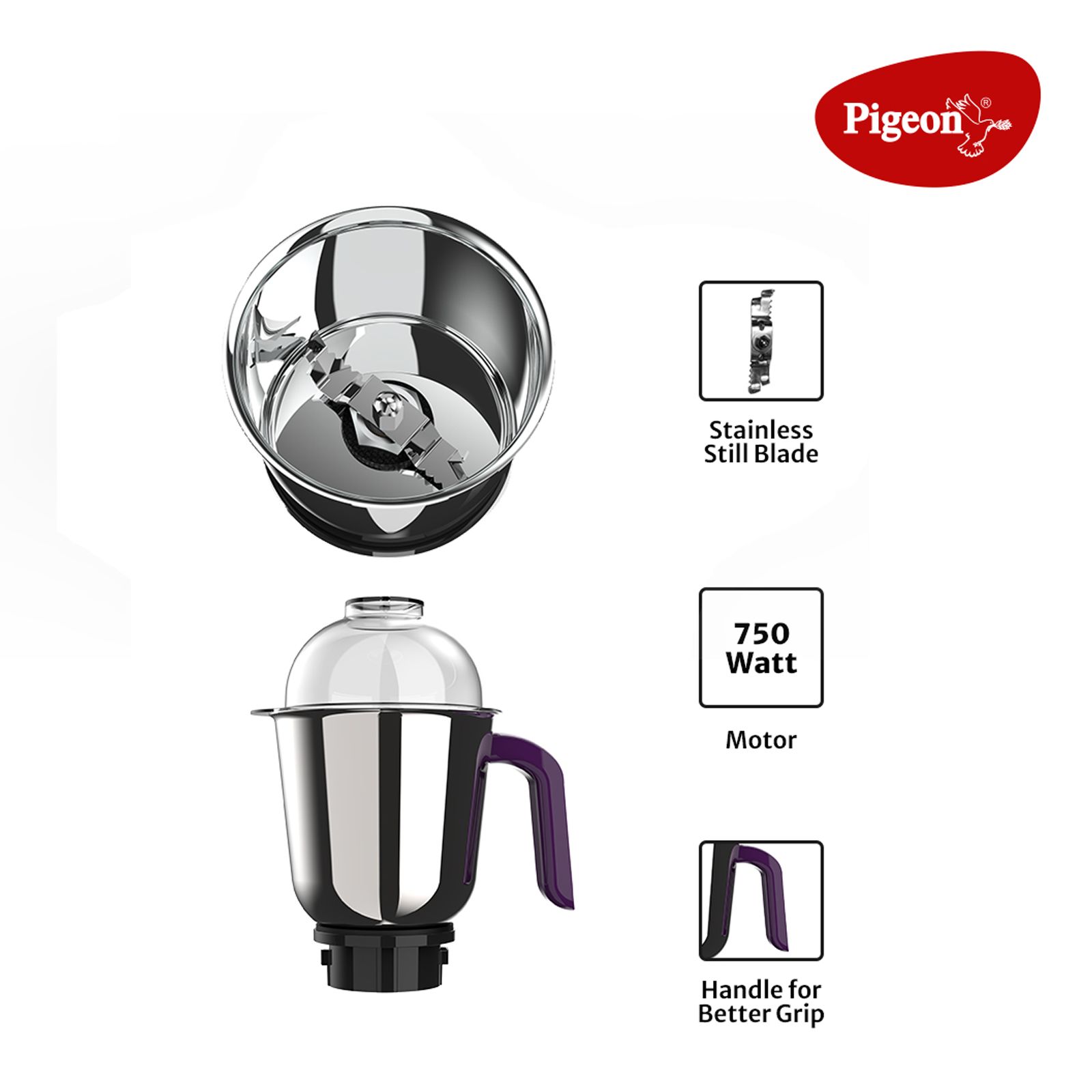 Pigeon Eva 750 Watt 3 Jars Mixer Grinder (Shock Proof Body, Purple)_3