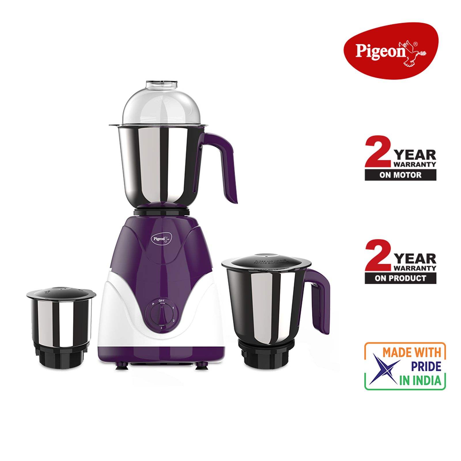 Pigeon Eva 750 Watt 3 Jars Mixer Grinder (Shock Proof Body, Purple)_4