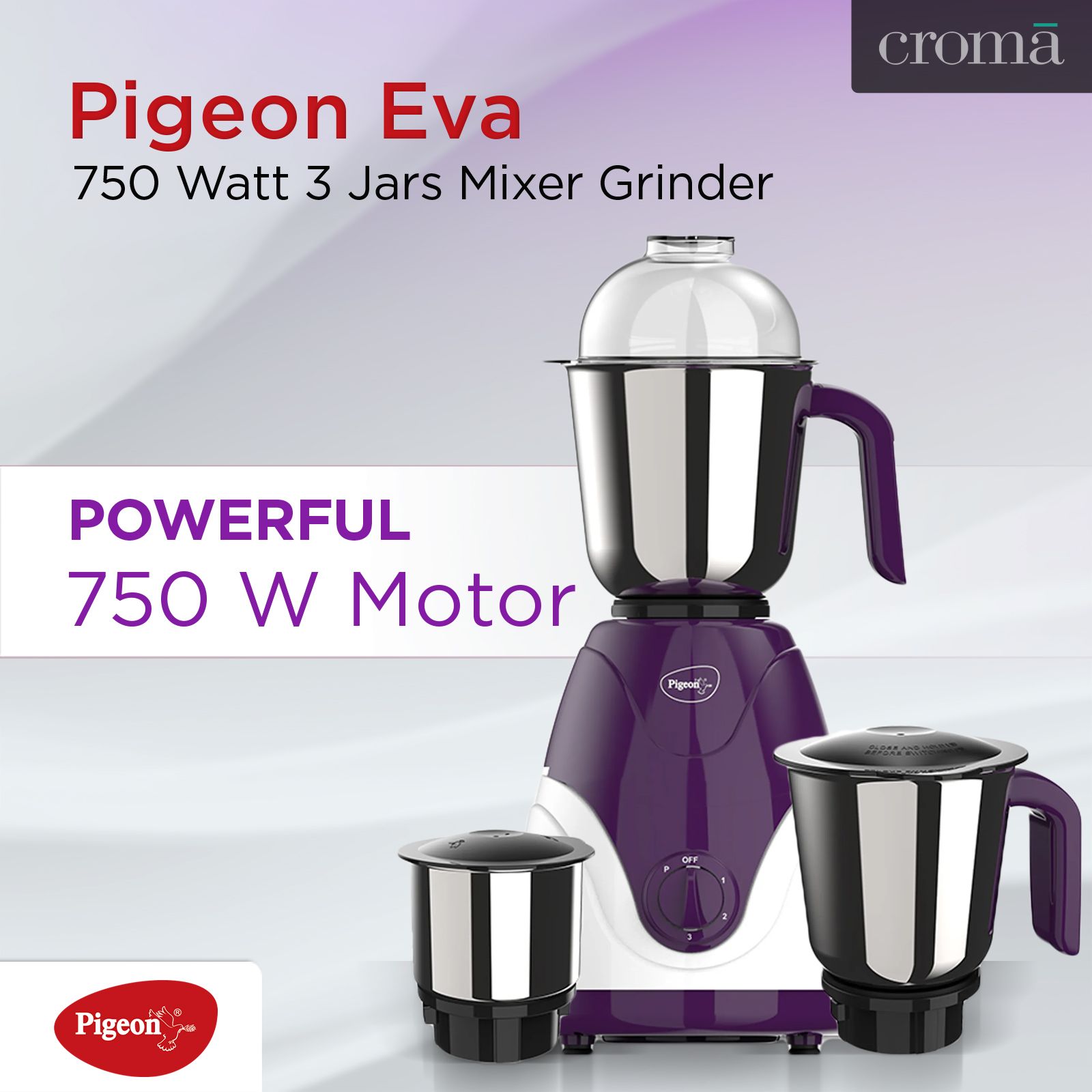 Pigeon Eva 750 Watt 3 Jars Mixer Grinder (Shock Proof Body, Purple)_5