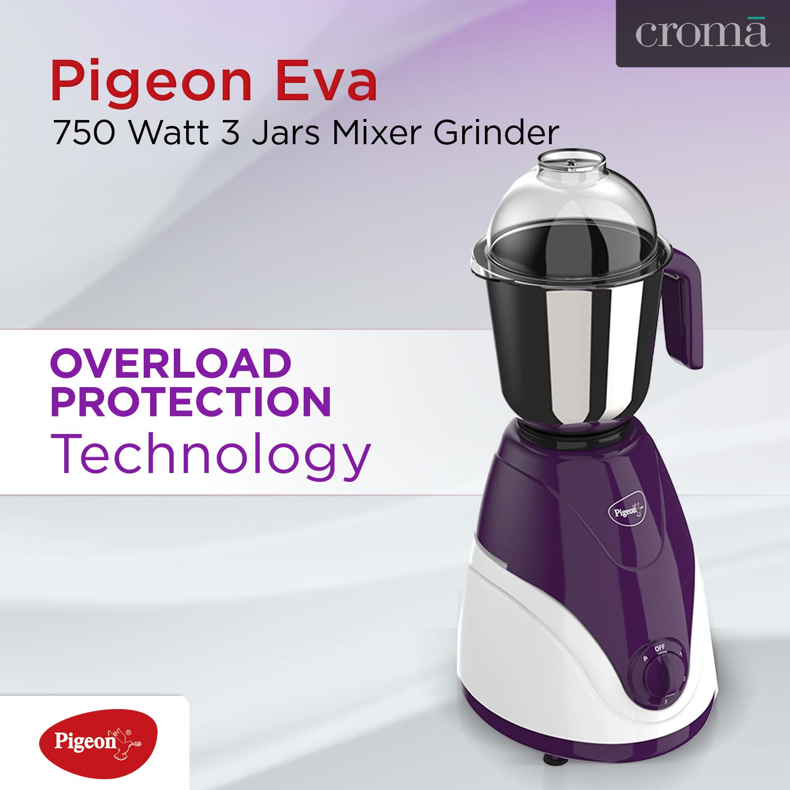 Pigeon Eva 750 Watt 3 Jars Mixer Grinder (Shock Proof Body, Purple)_6