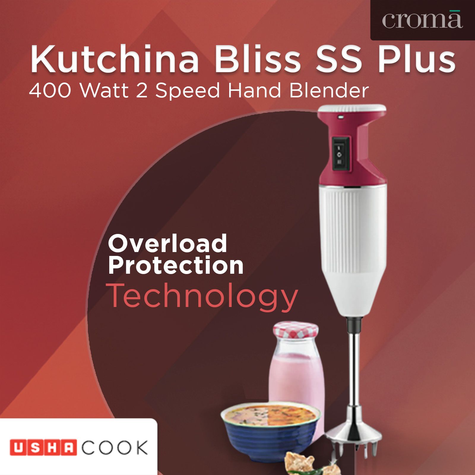 USHA Sure Blend 125 Watt 2 Speed Hand Blender with 3 Attachments (Shock Proof, Red/White)_14