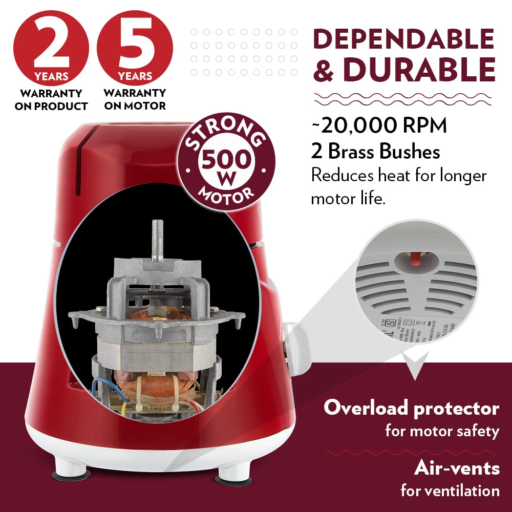 BOROSIL Star 500 Watt 3 Jars Mixer Grinder (20000 RPM, Pure Turbo motor, Maroon)_12