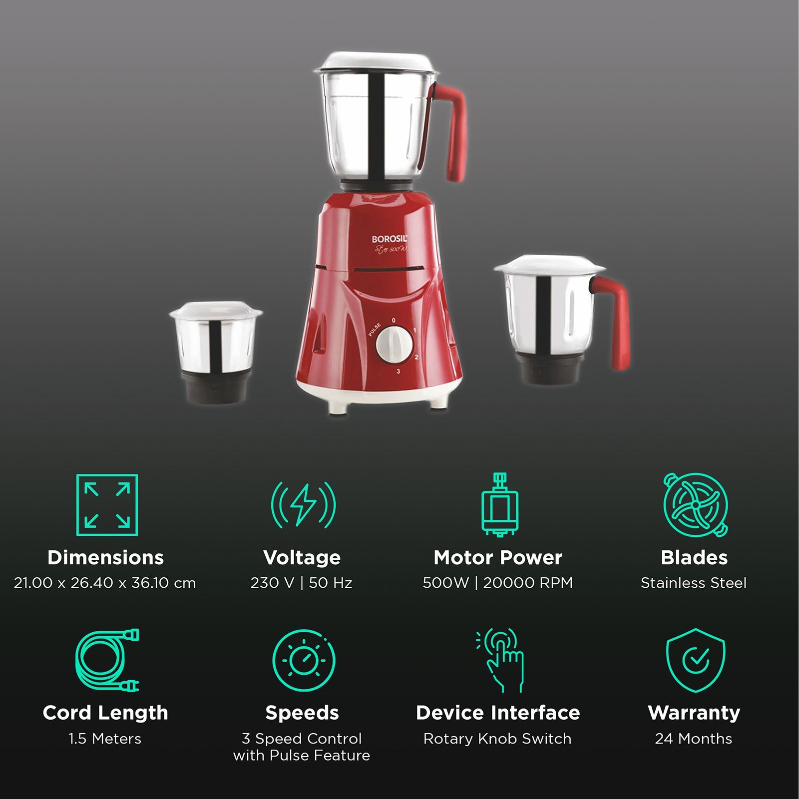 BOROSIL Star 500 Watt 3 Jars Mixer Grinder (20000 RPM, Pure Turbo motor, Maroon)_2