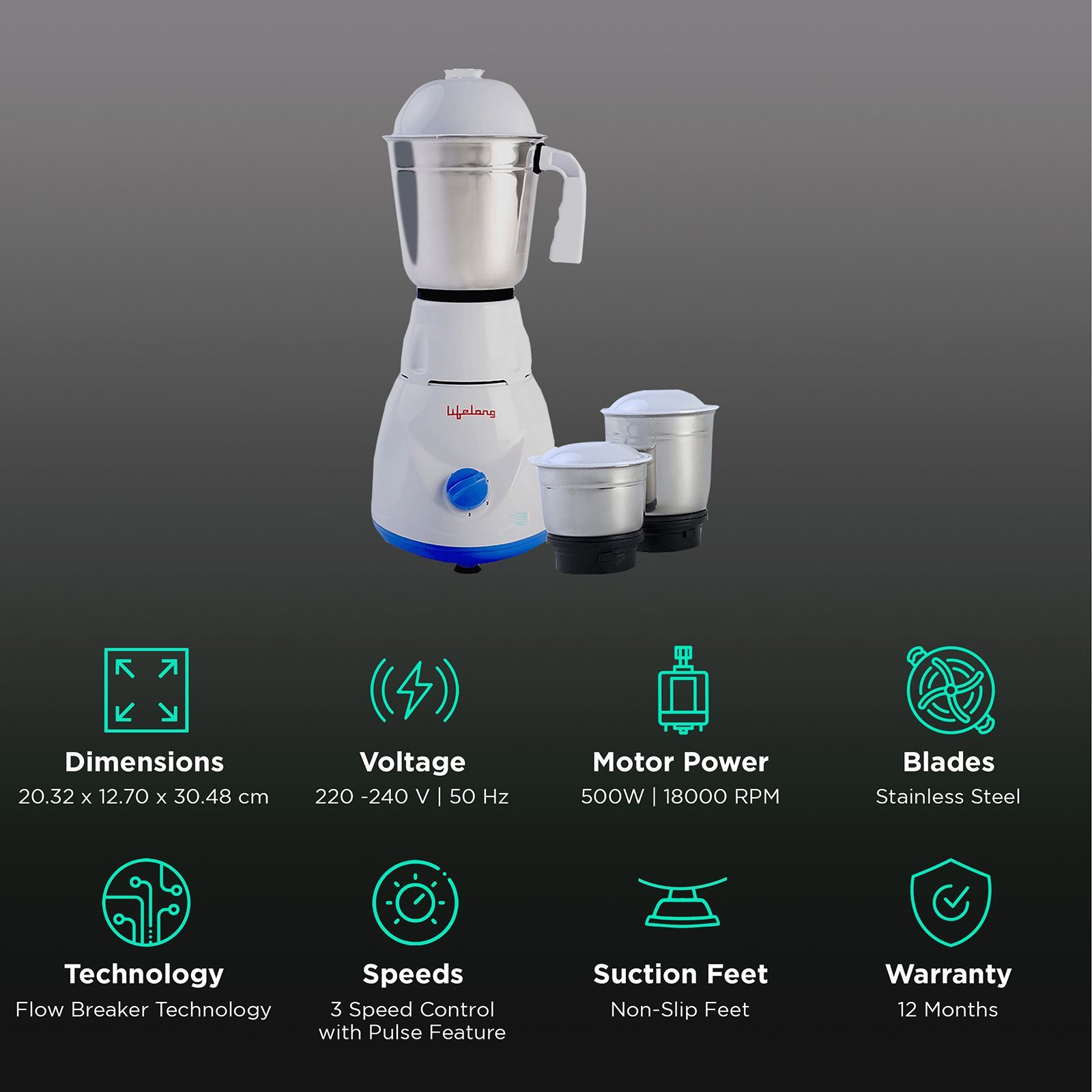 Lifelong Maxo 500 Watt 3 Jars Mixer Grinder (18000 RPM, Overload Protection, Blue) Lifelong Maxo 500 Watt 3 Jars Mixer Grinder (18000 RPM, Overload Protection, Blue)_2