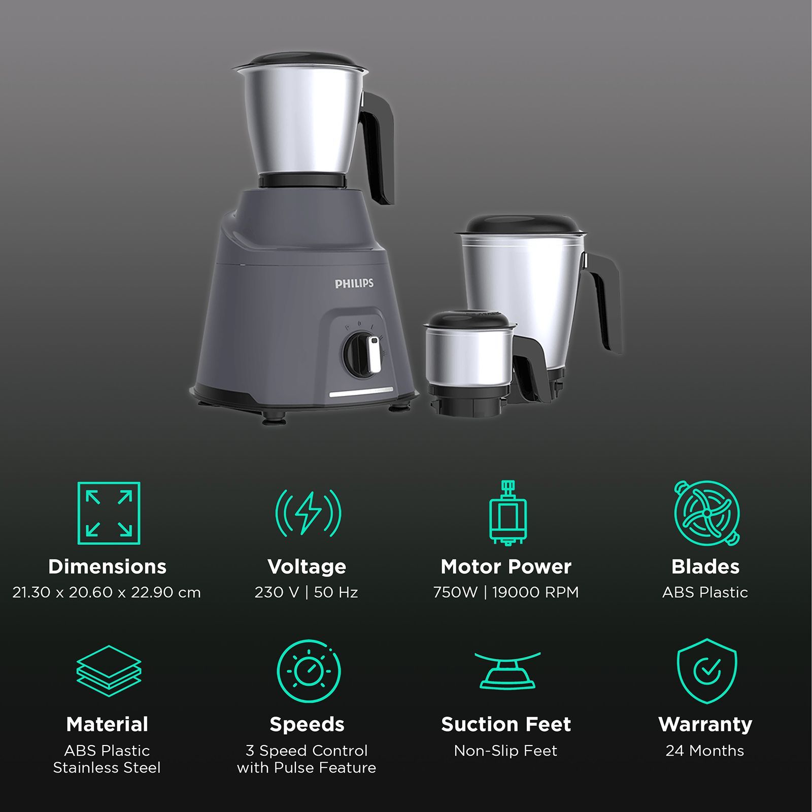 PHILIPS Viva Collection 750 Watt 3 Jars Mixer Grinder (19000 RPM, Overload Protection, Cashmere Grey & Bold Black)_2