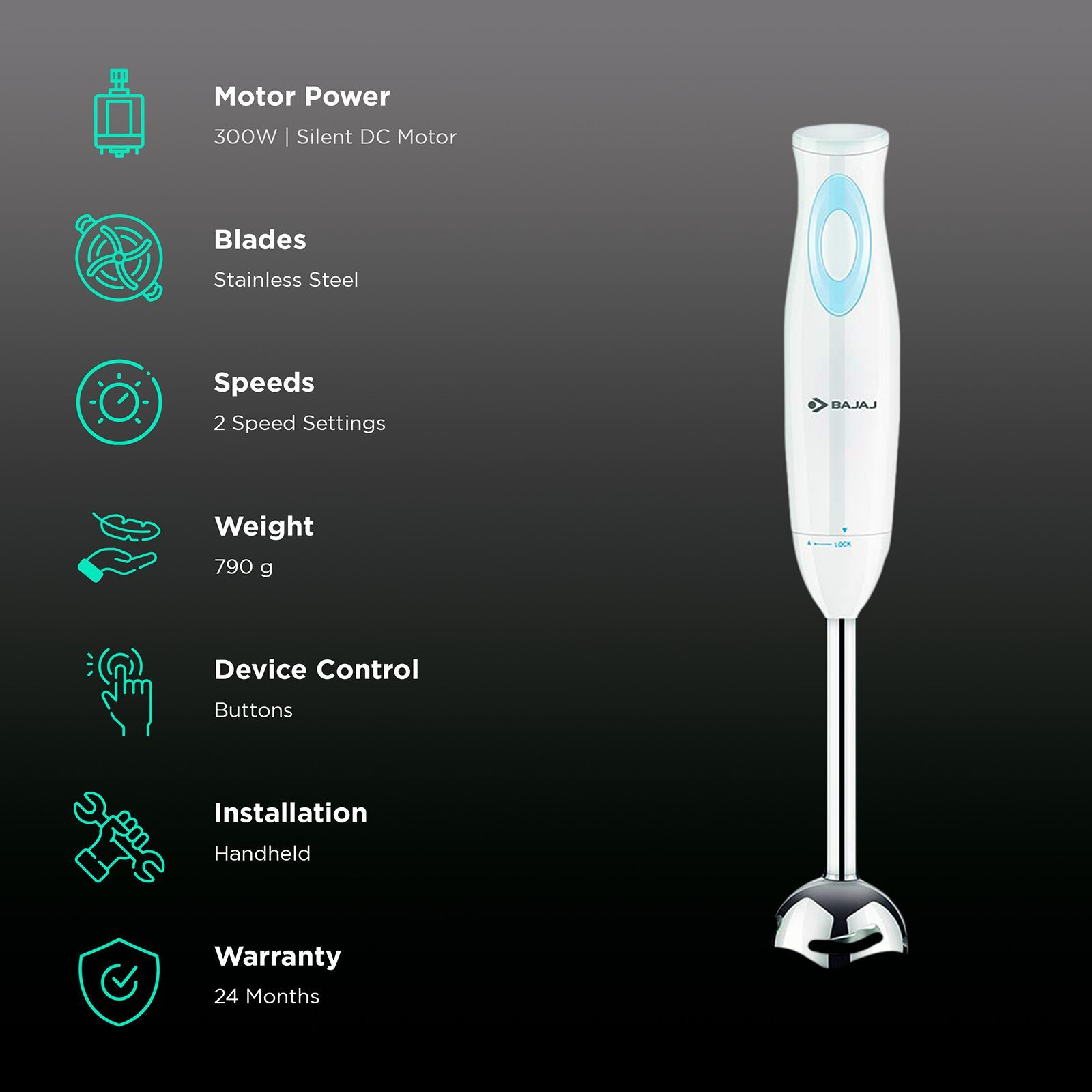 BAJAJ HB 16 300 Watt Hand Blender (Silent DC Motor, White)_2