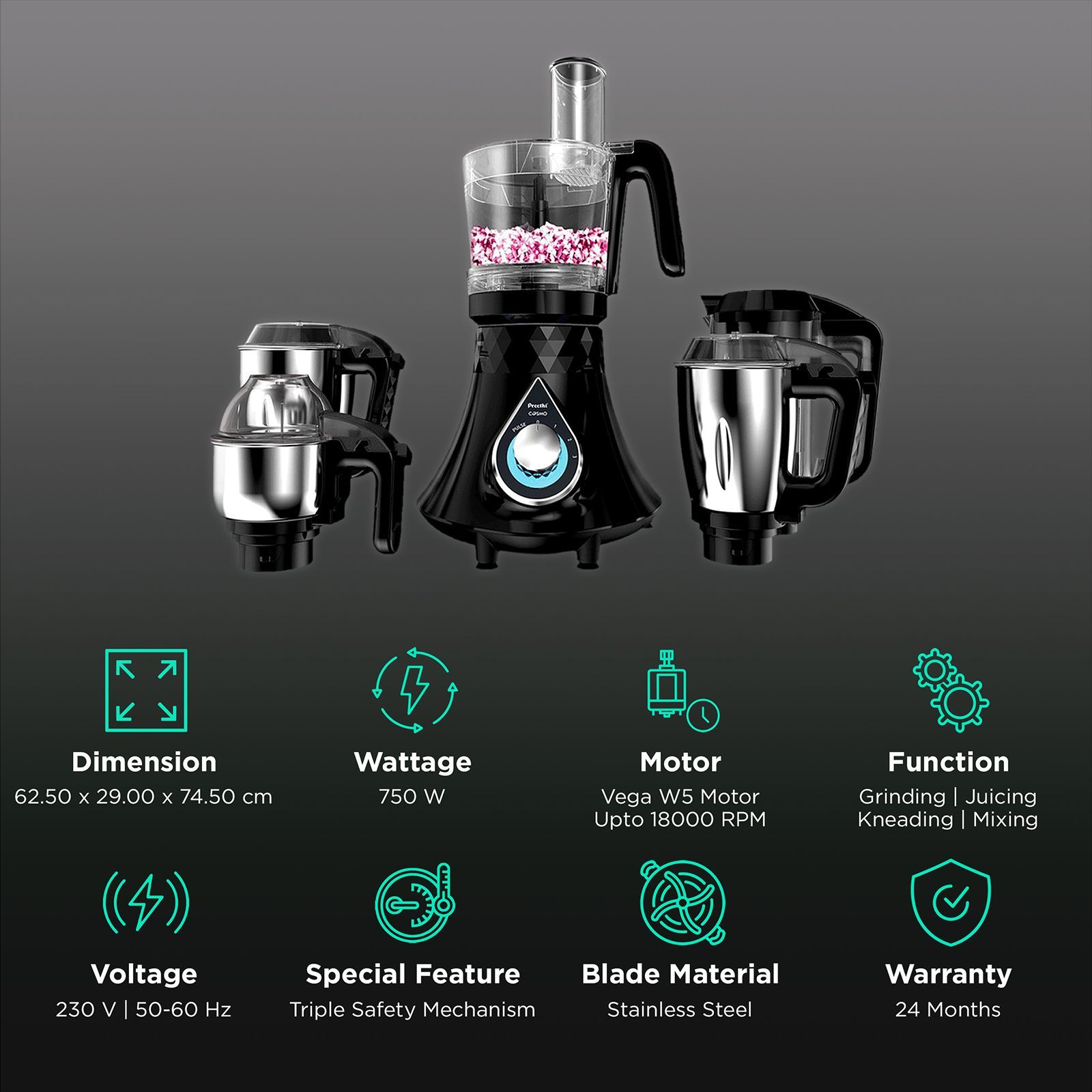 Preethi Zodiac Cosmo 750 Watt 5 Jars Juicer Mixer Grinder (18000 RPM, 3D Cooling System, Black) Preethi Zodiac Cosmo 750 Watt 5 Jars Juicer Mixer Grinder (18000 RPM, 3D Cooling System, Black)_2