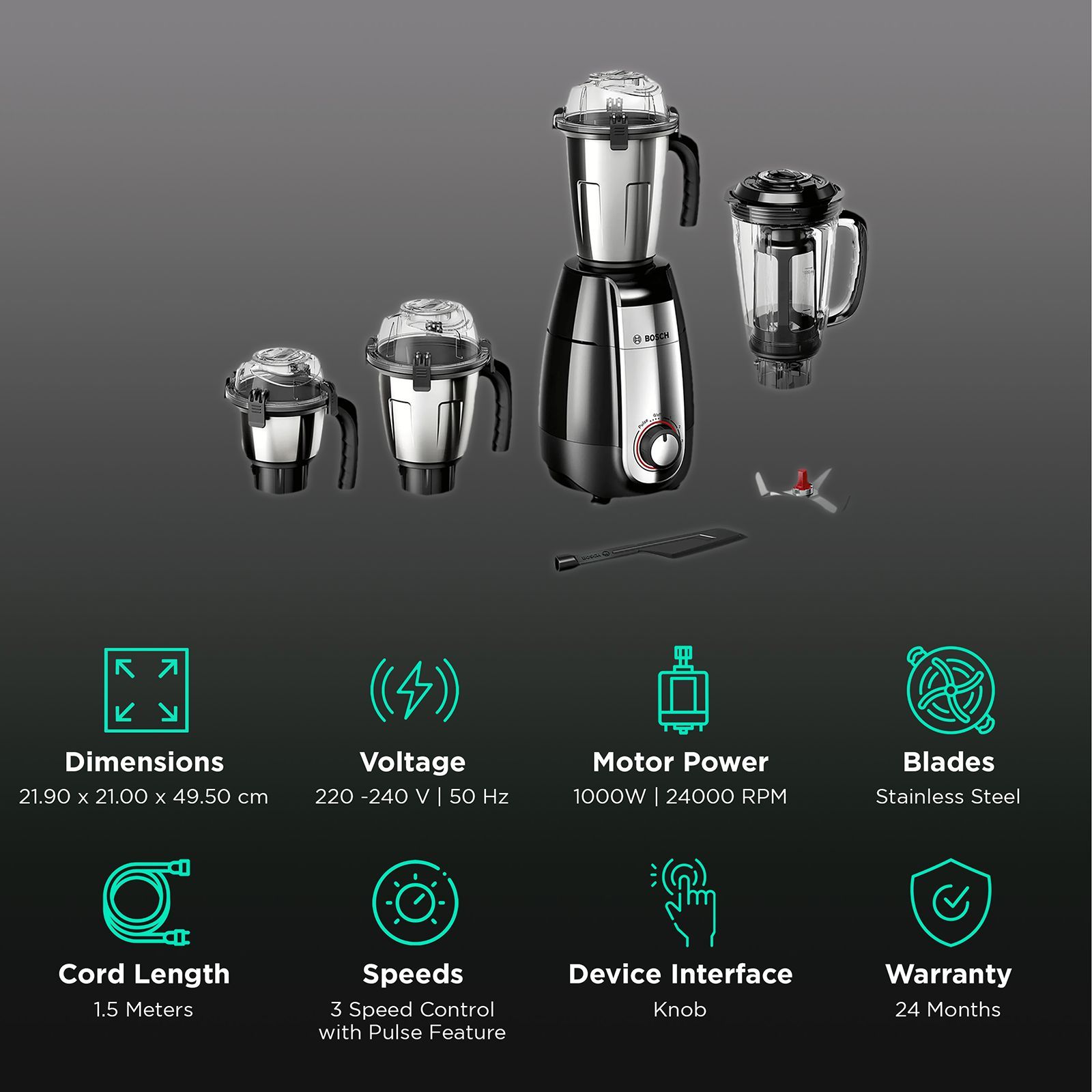 BOSCH TrueMixx Pro 1000 Watt 4 Jars Mixer Grinder (24000 RPM, Stone Pounding Technology, Black)_2