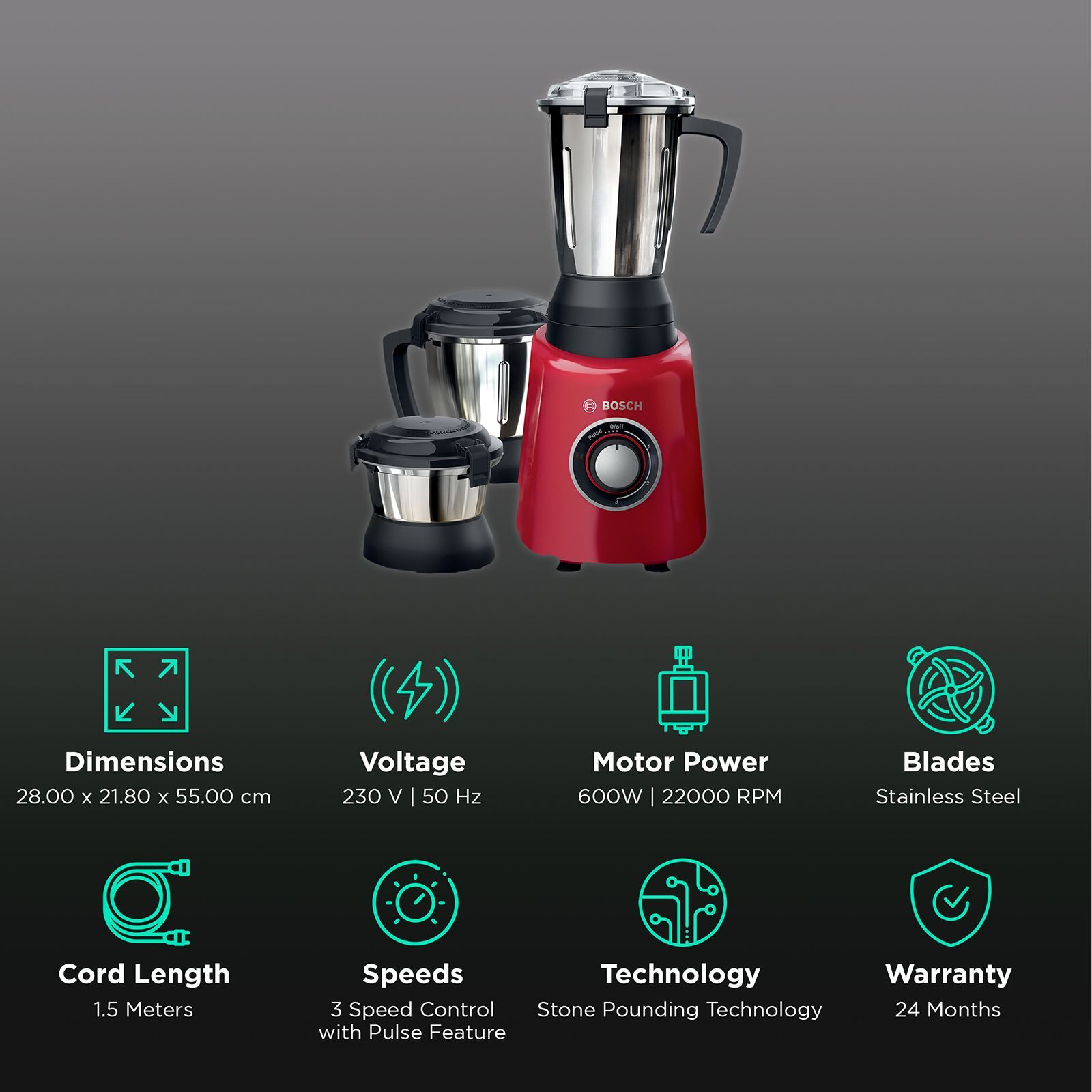 BOSCH TrueMixx Radiance 600 Watt 3 Jars Mixer Grinder (22000 RPM, Stone Pounding Technology, Red)_2