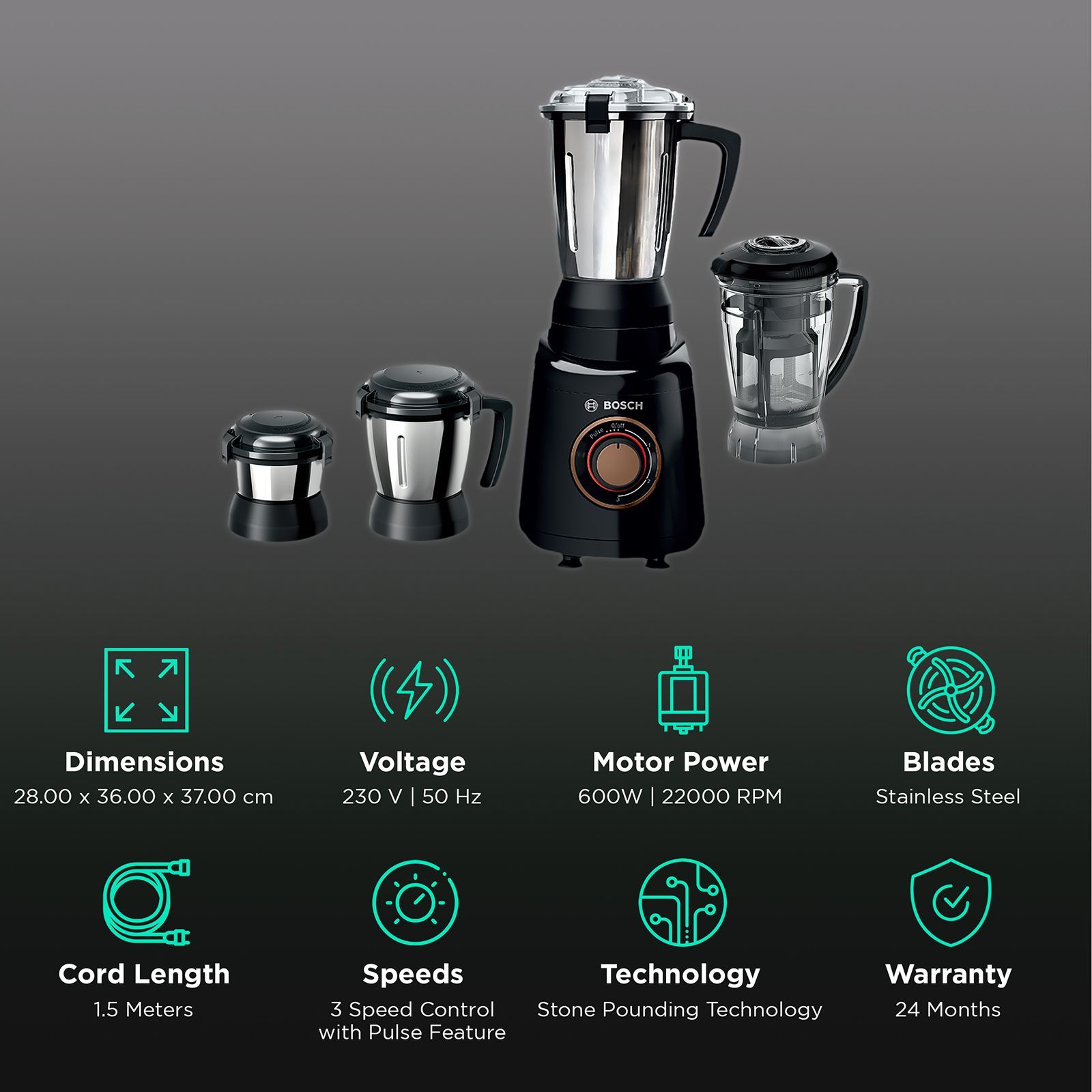 BOSCH TrueMixx Radiance 600 Watt 4 Jars Mixer Grinder (22000 RPM, HiFlux Motor, Black) BOSCH TrueMixx Radiance 600 Watt 4 Jars Mixer Grinder (22000 RPM, HiFlux Motor, Black)_2