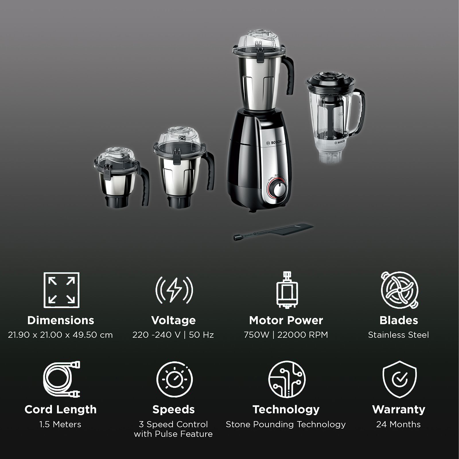 BOSCH TrueMixx Pro 750 Watt 4 Jars Mixer Grinder (22000 RPM, HiFlux Motor, Black)_2