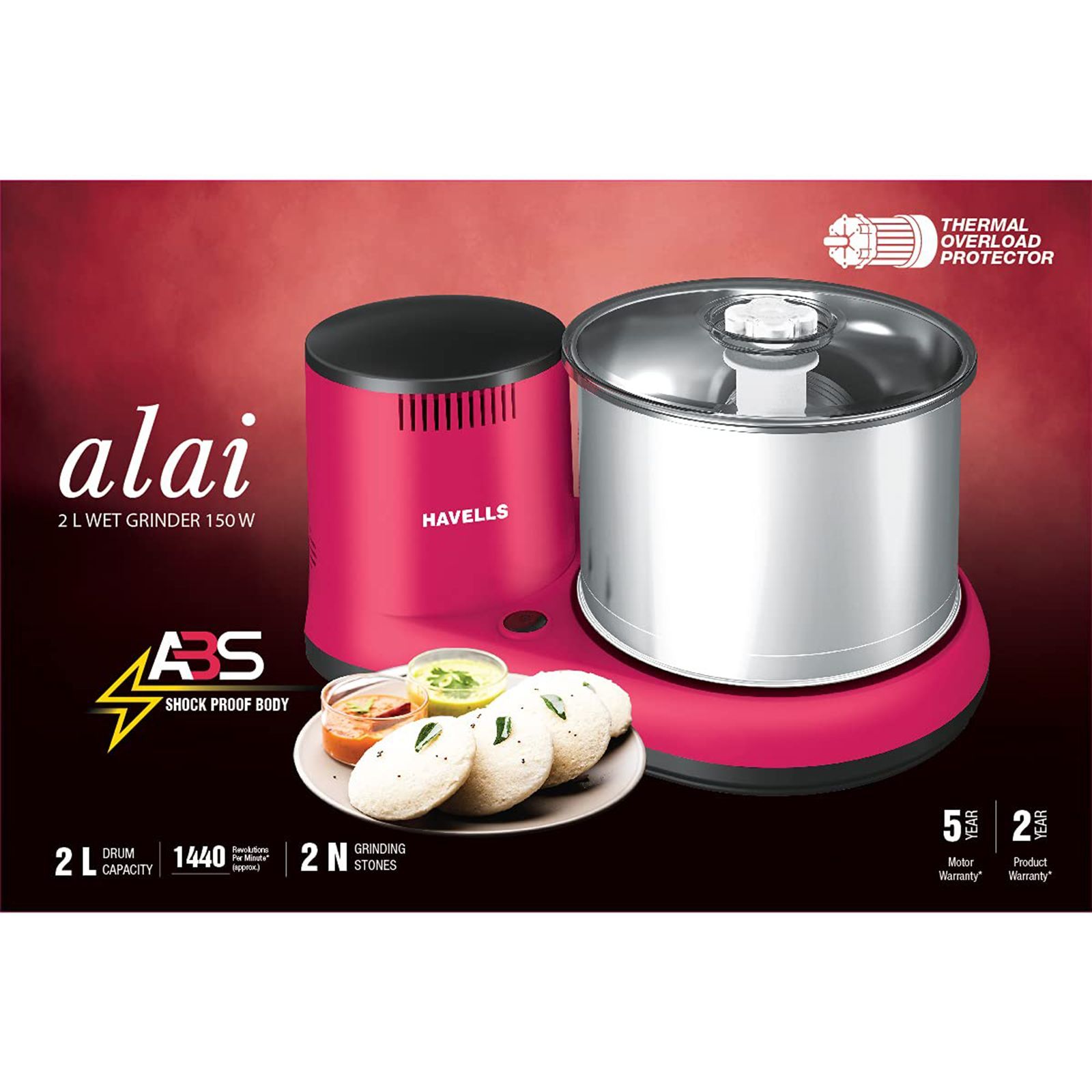 HAVELLS Alai 2 Litres 2 Stones Wet Grinder with Coconut Scrapper (Thermal Overload Protection, Pink)_9