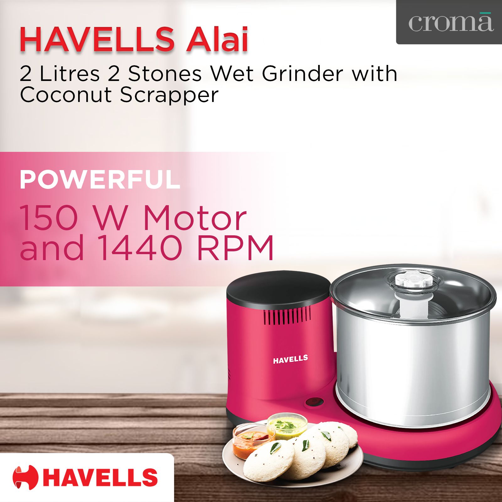 HAVELLS Alai 2 Litres 2 Stones Wet Grinder with Coconut Scrapper (Thermal Overload Protection, Pink)_10