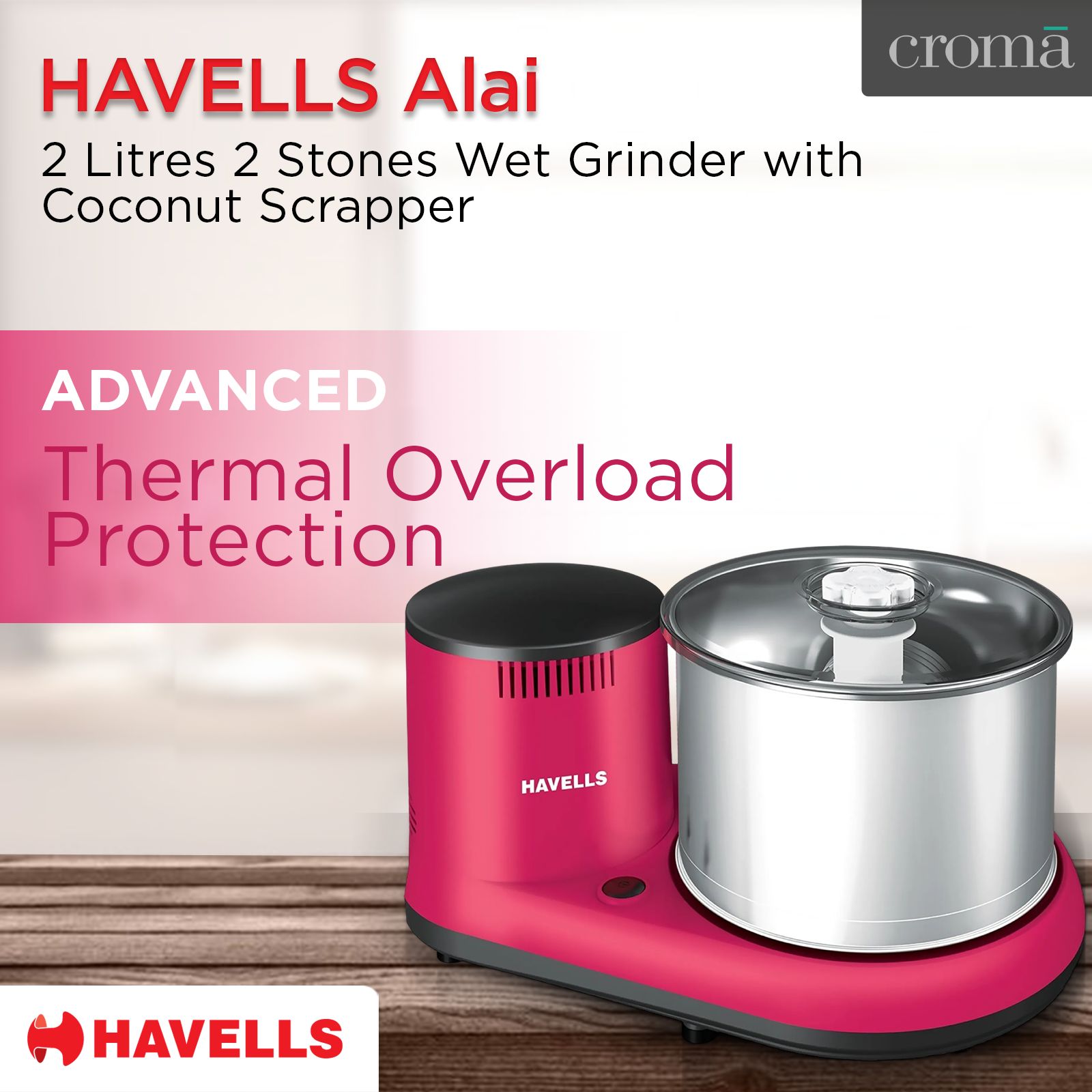 HAVELLS Alai 2 Litres 2 Stones Wet Grinder with Coconut Scrapper (Thermal Overload Protection, Pink)_11
