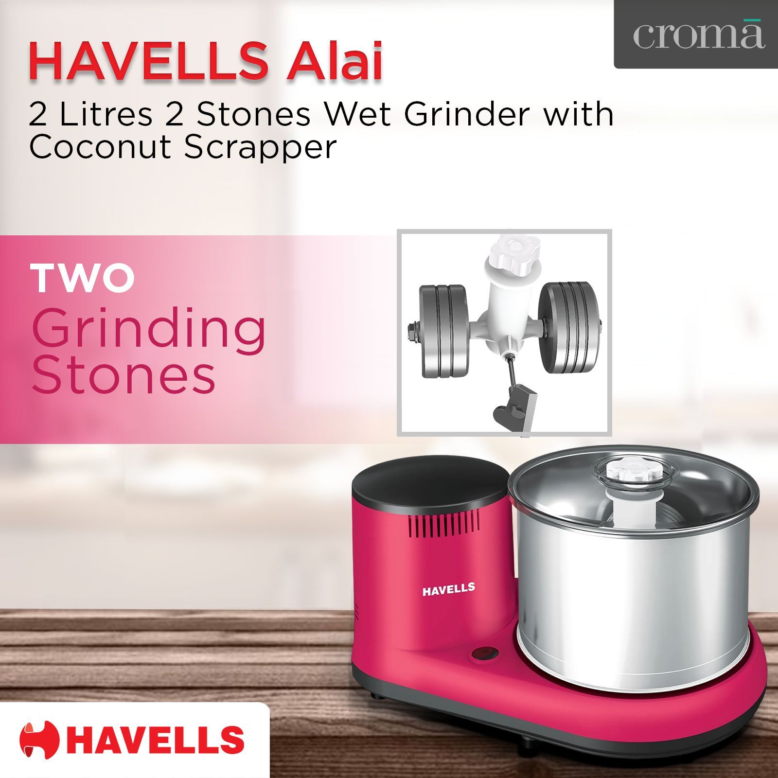 HAVELLS Alai 2 Litres 2 Stones Wet Grinder with Coconut Scrapper (Thermal Overload Protection, Pink)_13