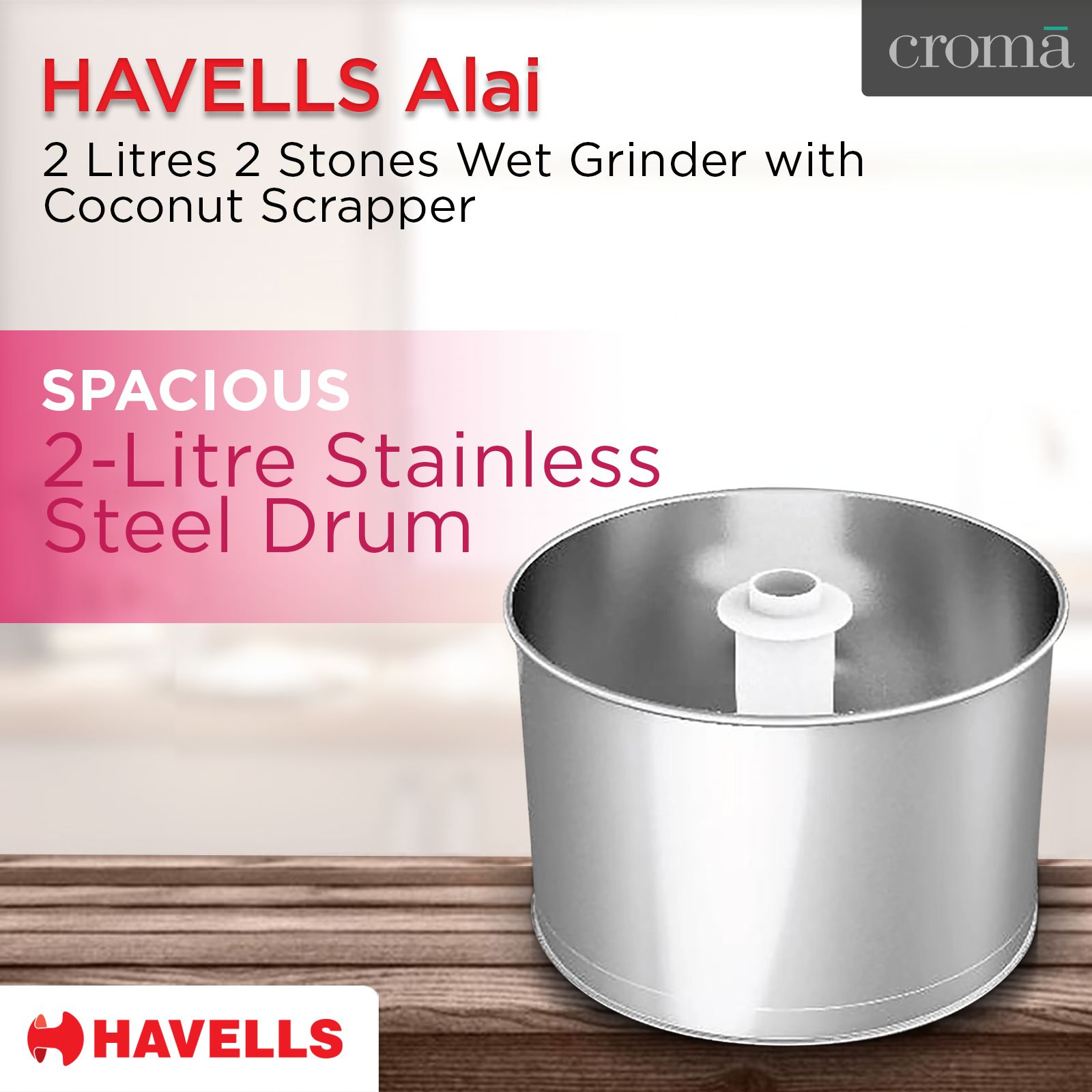 HAVELLS Alai 2 Litres 2 Stones Wet Grinder with Coconut Scrapper (Thermal Overload Protection, Pink)_14