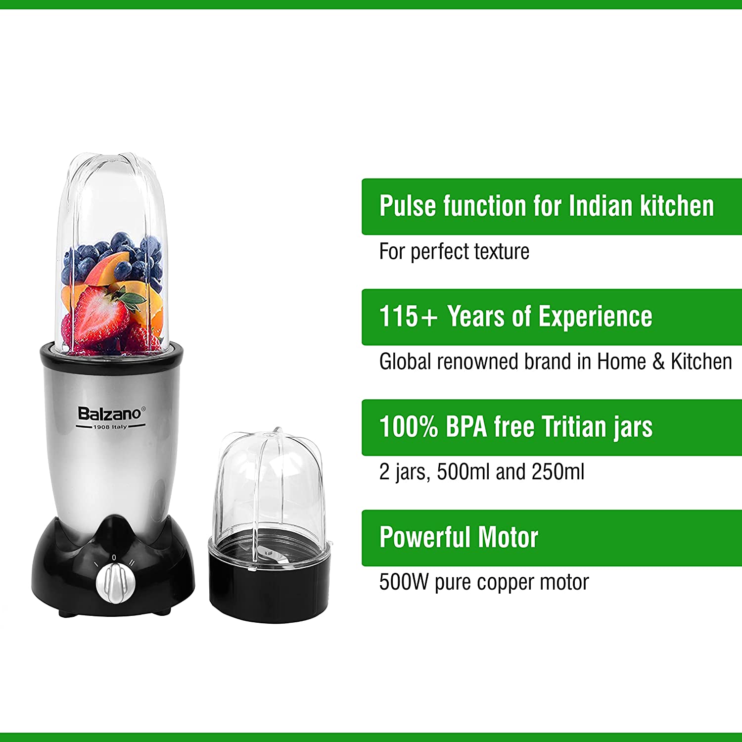 Balzano Nutri 500 Watt 2 Jars Blender (20000 RPM, Single Knob Operation, Silver) Balzano Nutri 500 Watt 2 Jars Blender (20000 RPM, Single Knob Operation, Silver)_12