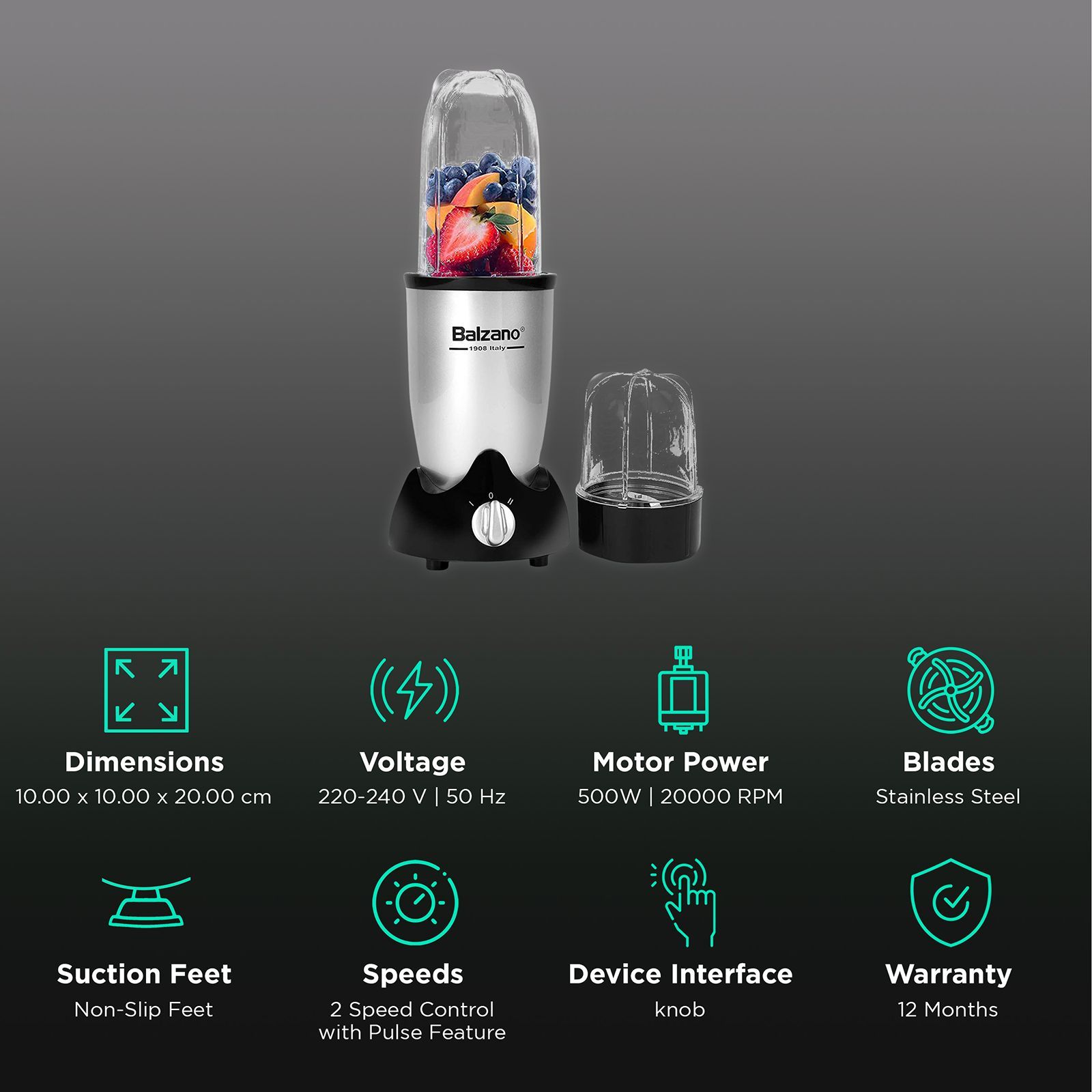 Balzano Nutri 500 Watt 2 Jars Blender (20000 RPM, Single Knob Operation, Silver) Balzano Nutri 500 Watt 2 Jars Blender (20000 RPM, Single Knob Operation, Silver)_2