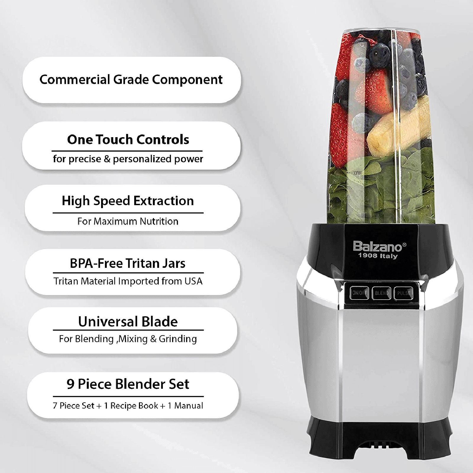 Balzano Nutri 1200 Watt 3 Jars Blender (28000 RPM, Advanced One Touch Operation, Silver)_14