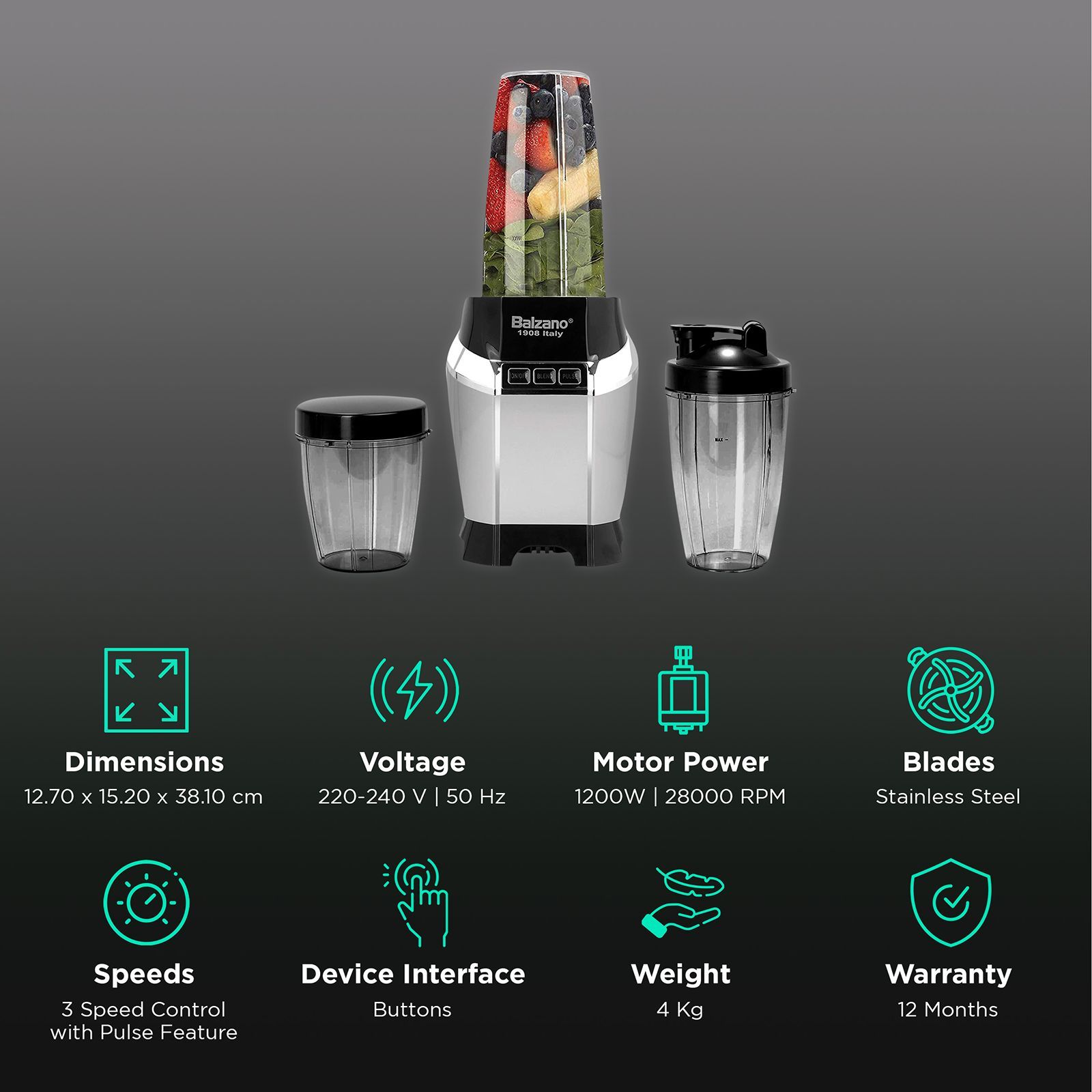 Balzano Nutri 1200 Watt 3 Jars Blender (28000 RPM, Advanced One Touch Operation, Silver)_2