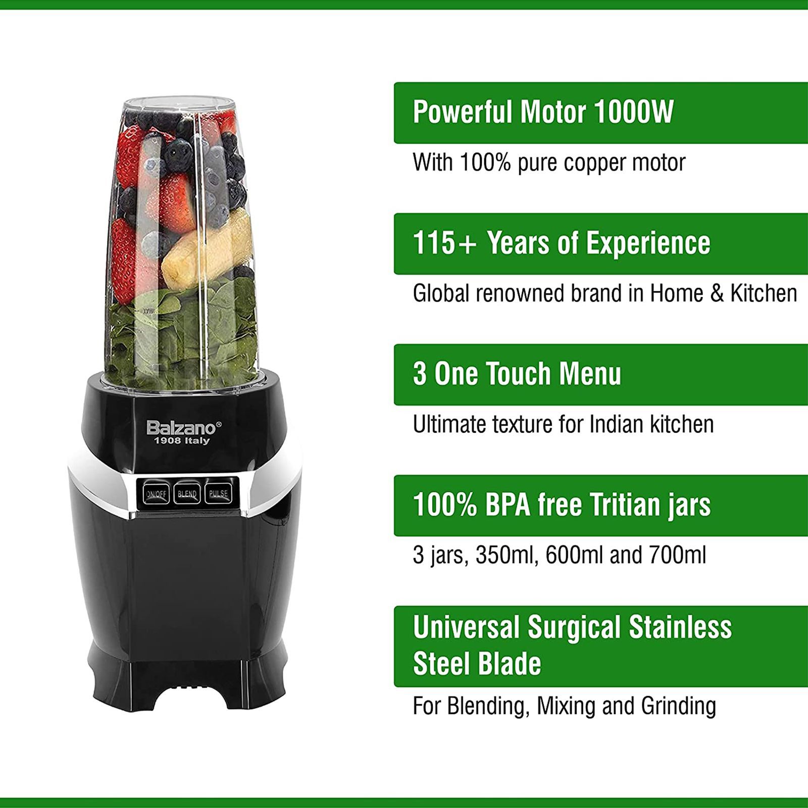 Balzano 1200 Watt 3 Jars Blender (28000 RPM, High Speed Operation, Black)_7