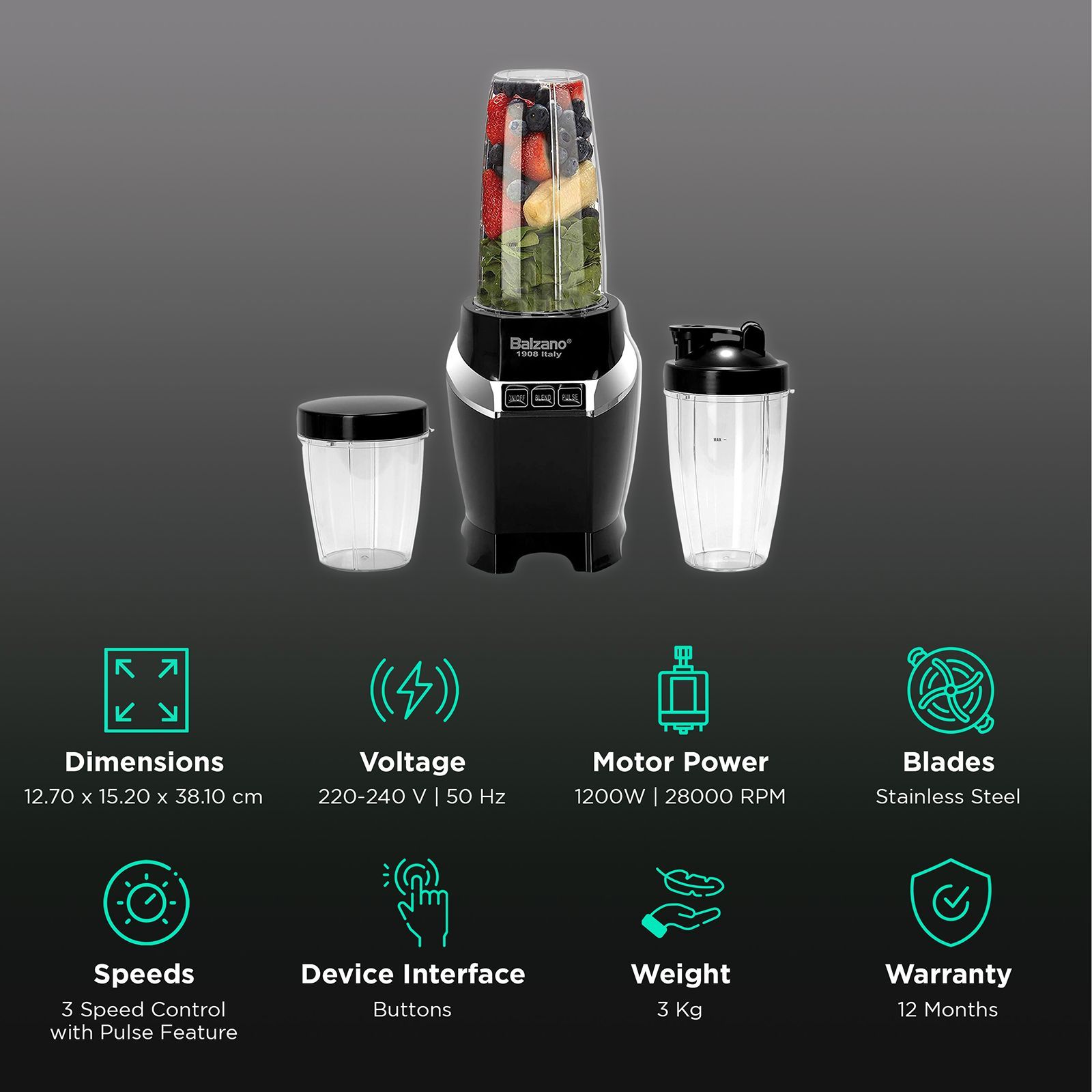 Balzano 1200 Watt 3 Jars Blender (28000 RPM, High Speed Operation, Black)_2