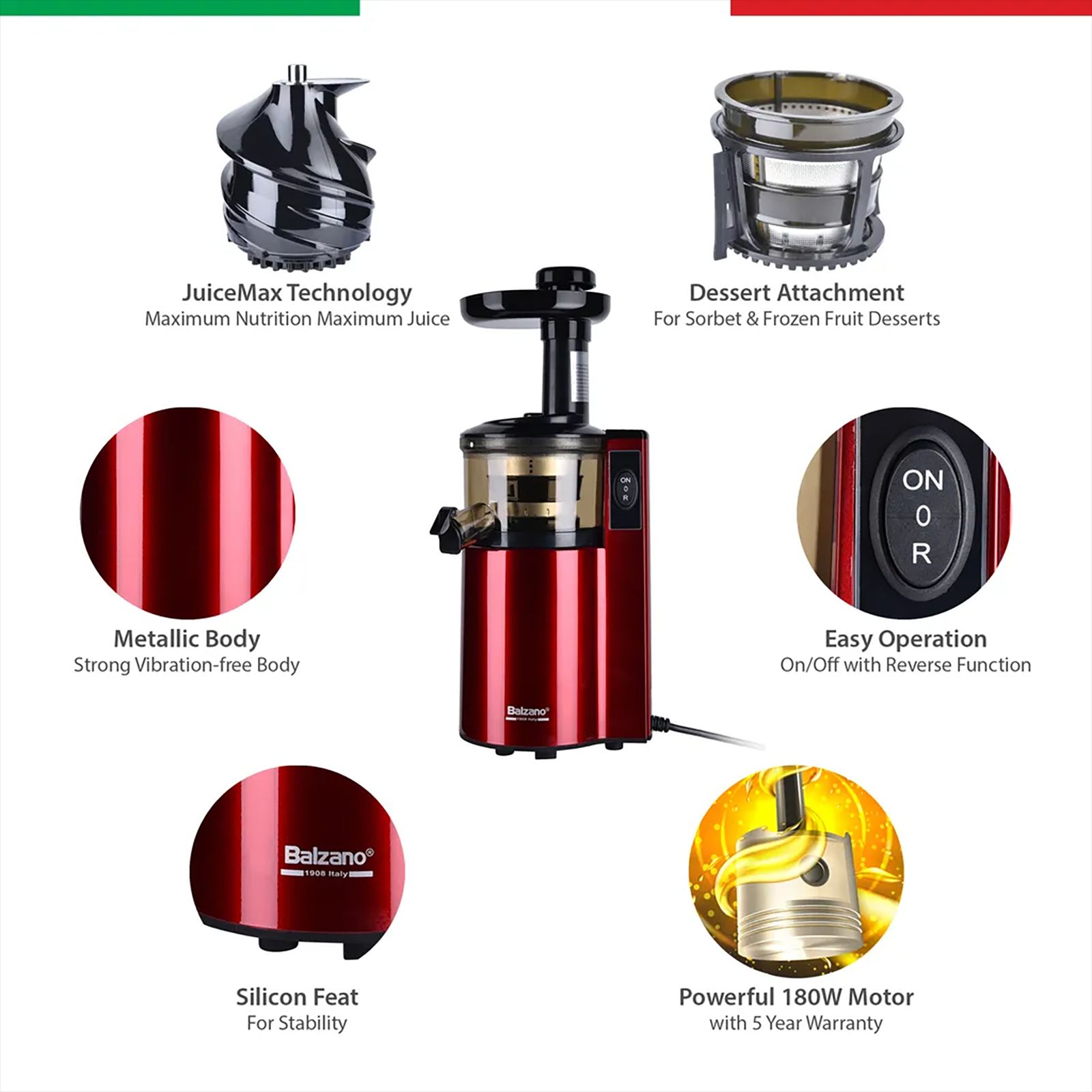 Balzano 180 Watt 1 Jar Cold Press Slow Juicer (55 RPM, Juicemax Technology, Red)_11