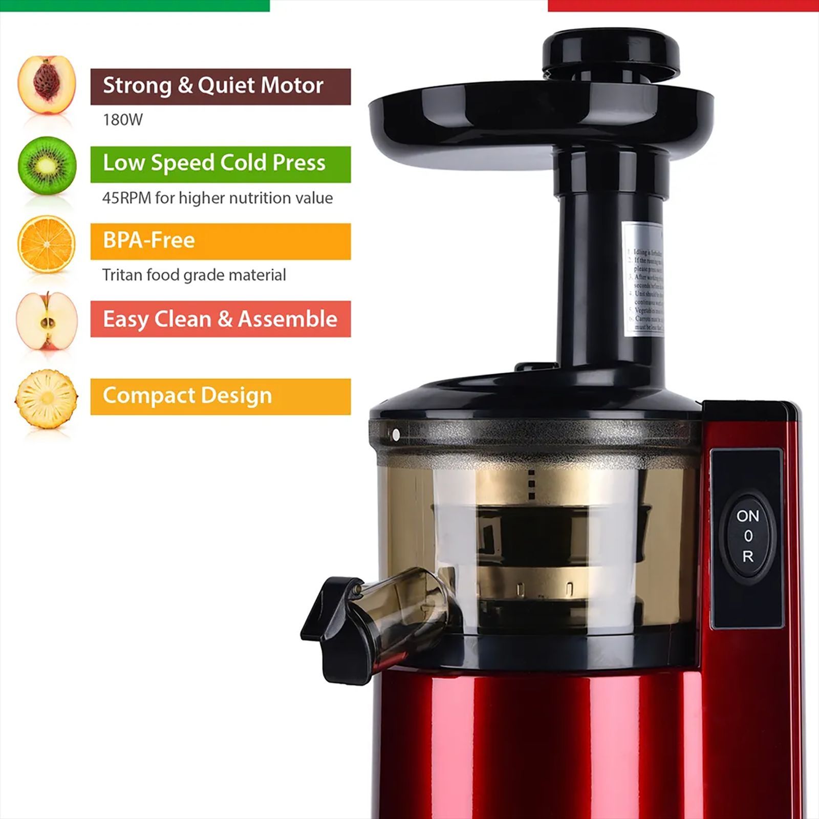 Balzano 180 Watt 1 Jar Cold Press Slow Juicer (55 RPM, Juicemax Technology, Red)_13