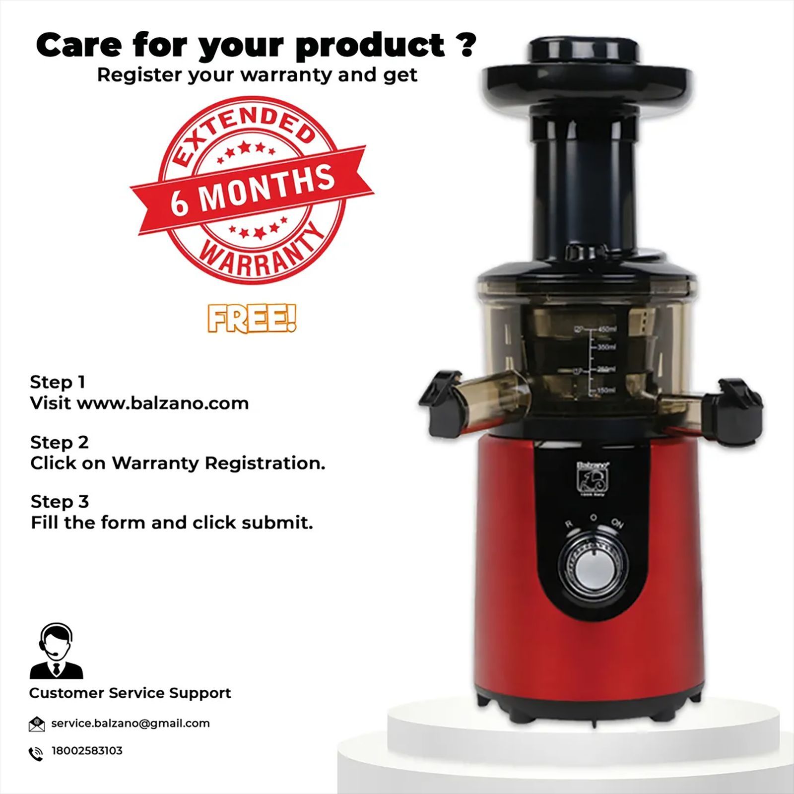 Balzano 180 Watt 1 Jar Cold Press Slow Juicer (55 RPM, Juicemax Technology, Red)_14