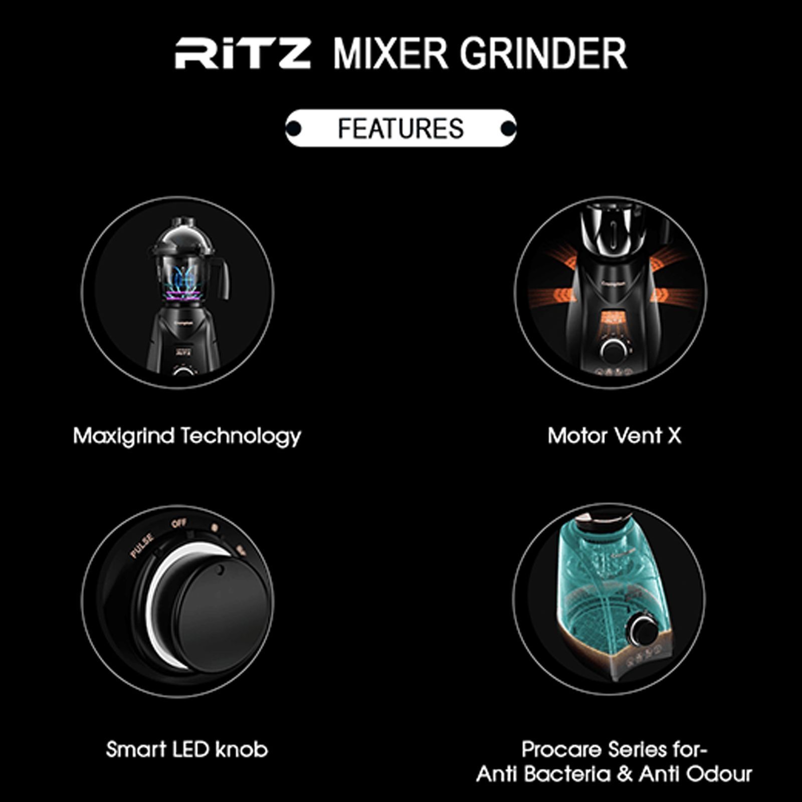 Crompton Ritz 750 Watt 3 Jars Mixer Grinder (MaxiGrind Technology, Black)_9