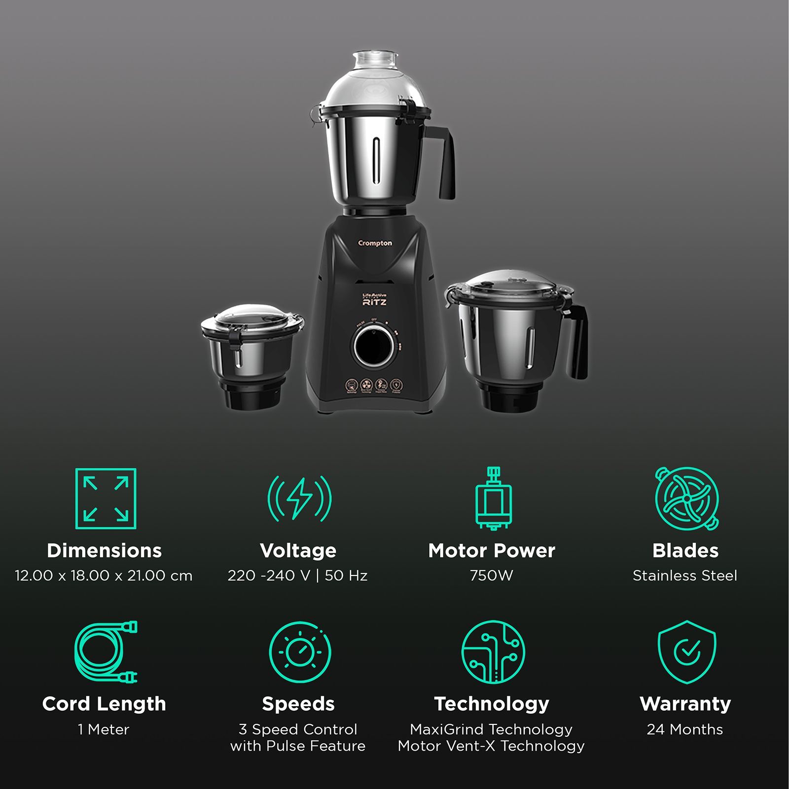 Crompton Ritz 750 Watt 3 Jars Mixer Grinder (MaxiGrind Technology, Black)_2
