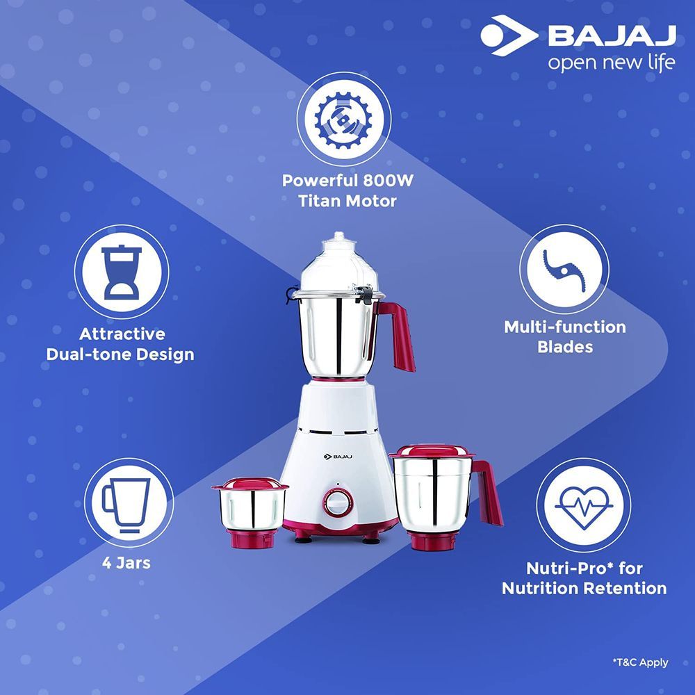 BAJAJ GX 4701 800 Watt 4 Jars Mixer Grinder (18000 RPM, Overload Protection, White & Red)_8
